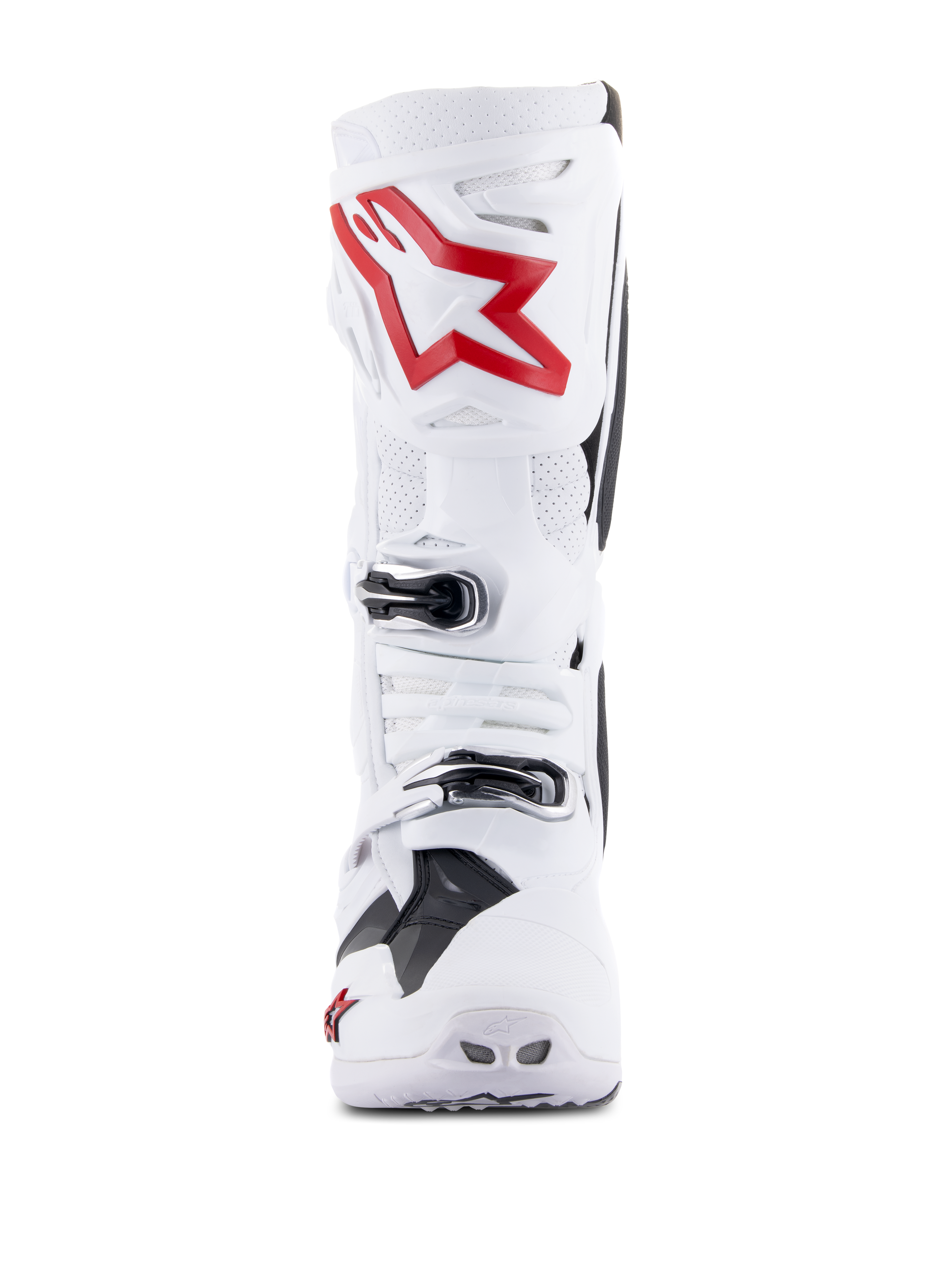Alpinestars Tech 10 Supervented Boots, White and Bright Red, front view showing ventilated perforated panels, large red star logo on the shin plate, adjustable silver buckles, and high-performance motocross design.