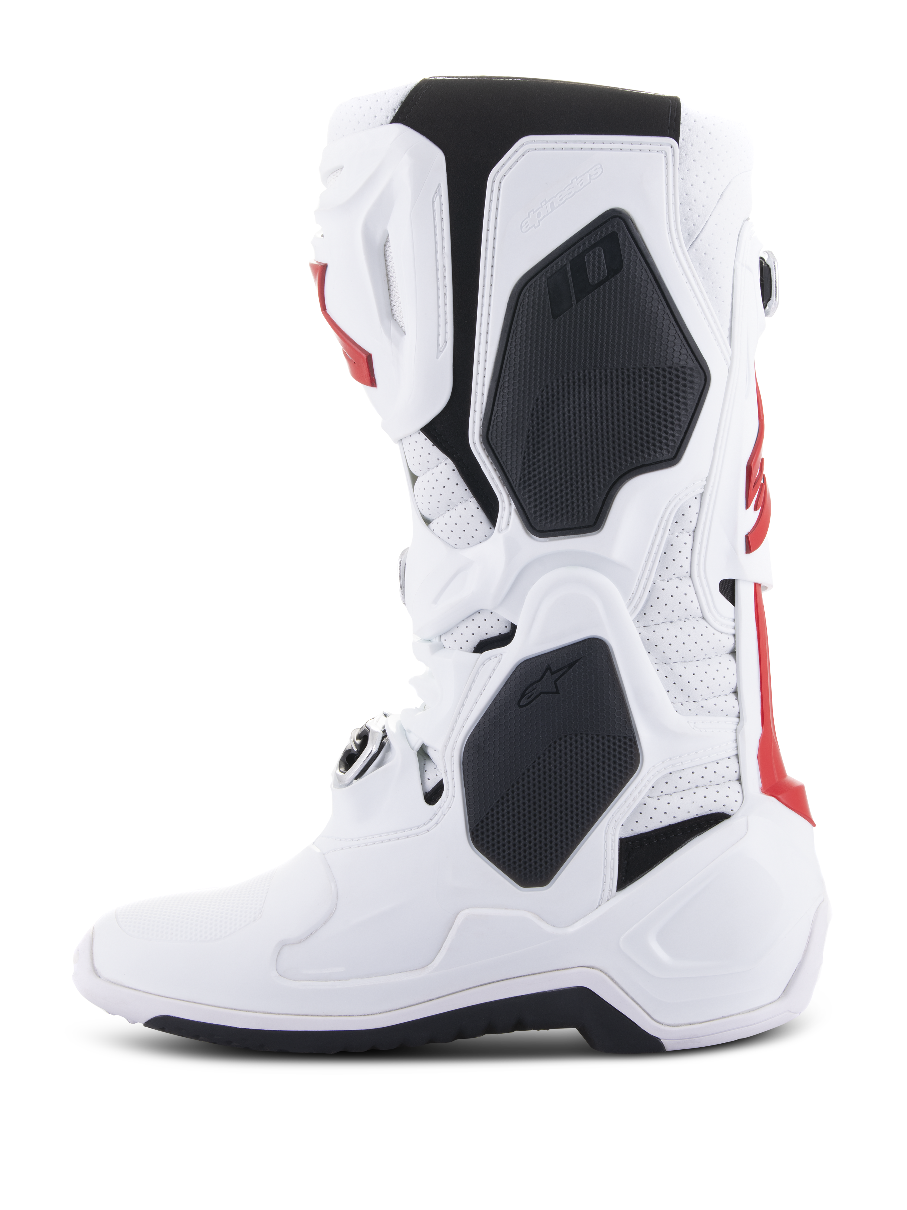 Alpinestars Tech 10 Supervented Boots, Motocross Boots, White and Bright Red with black accents, side profile view highlighting the ventilated construction and protective TPU shell