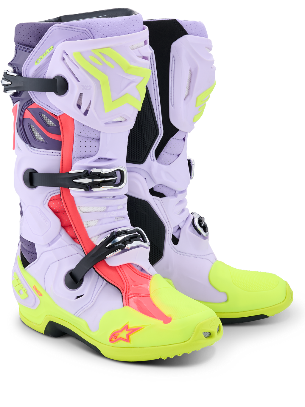 Alpinestars Tech 10 Supervented Boots, buty motocrossowe, fioletowe, neonowożółte i różowe Diva Pink, perforowana konstrukcja z mikrofibry zapewniająca maksymalny przepływ powietrza, mechaniczny system klamer, jaskrawożółte noski i podeszwa oraz wyraziste różowe akcenty.