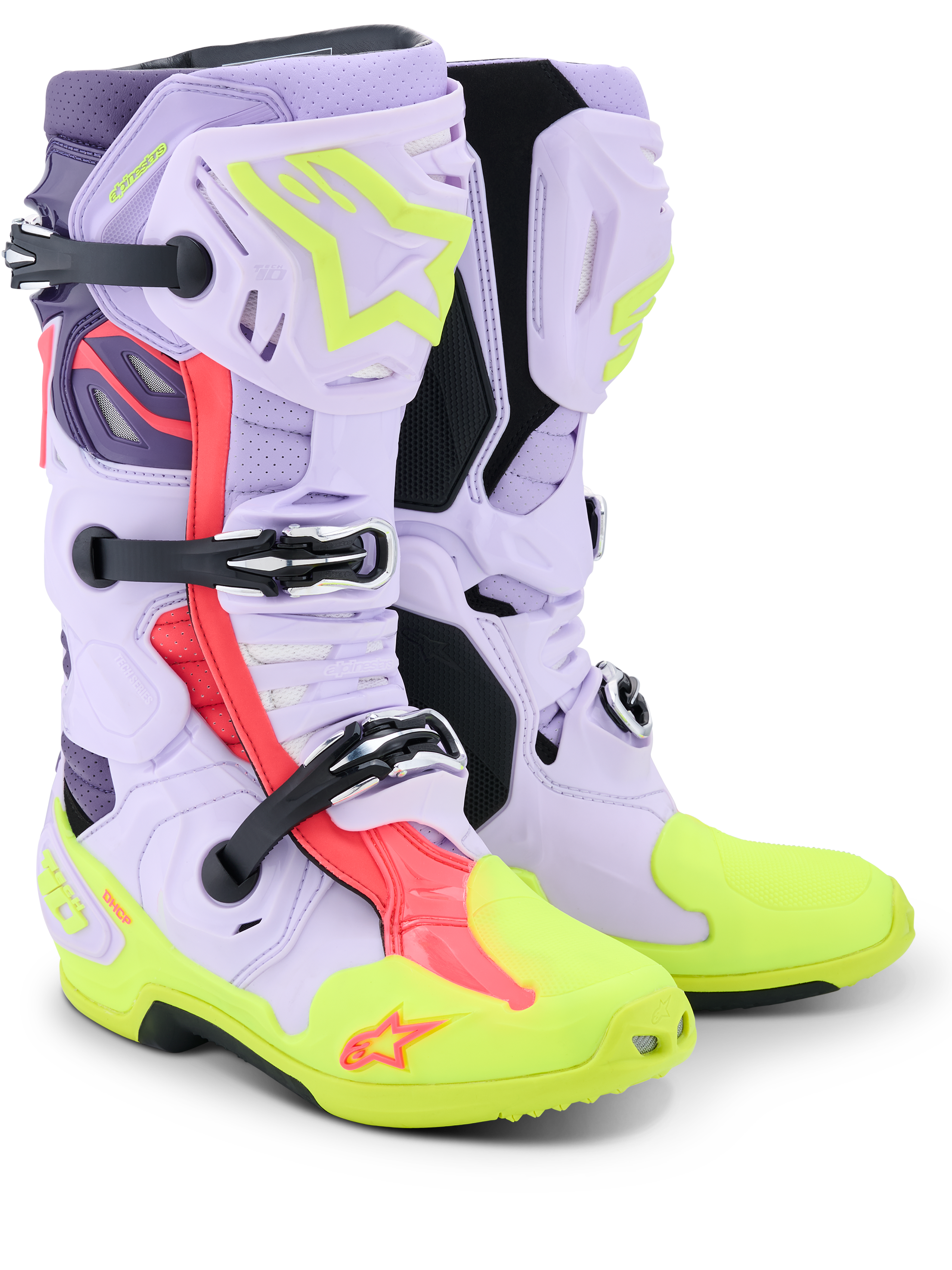 Alpinestars Tech 10 Supervented Boots, buty motocrossowe, fioletowe, neonowożółte i różowe Diva Pink, perforowana konstrukcja z mikrofibry zapewniająca maksymalny przepływ powietrza, mechaniczny system klamer, jaskrawożółte noski i podeszwa oraz wyraziste różowe akcenty.