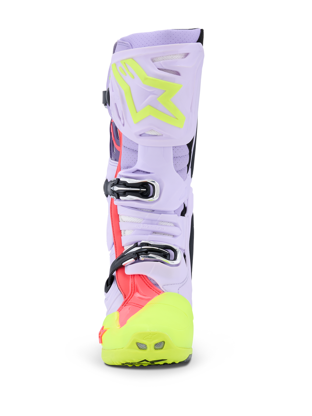 Alpinestars Tech 10 Supervented Boots, buty motocrossowe, fioletowe, żółte fluo i różowe Diva Pink, widok z przodu podkreślający system klamer i wentylowaną płytę na piszczel, profesjonalne obuwie terenowe z cholewką z perforowanej mikrofibry