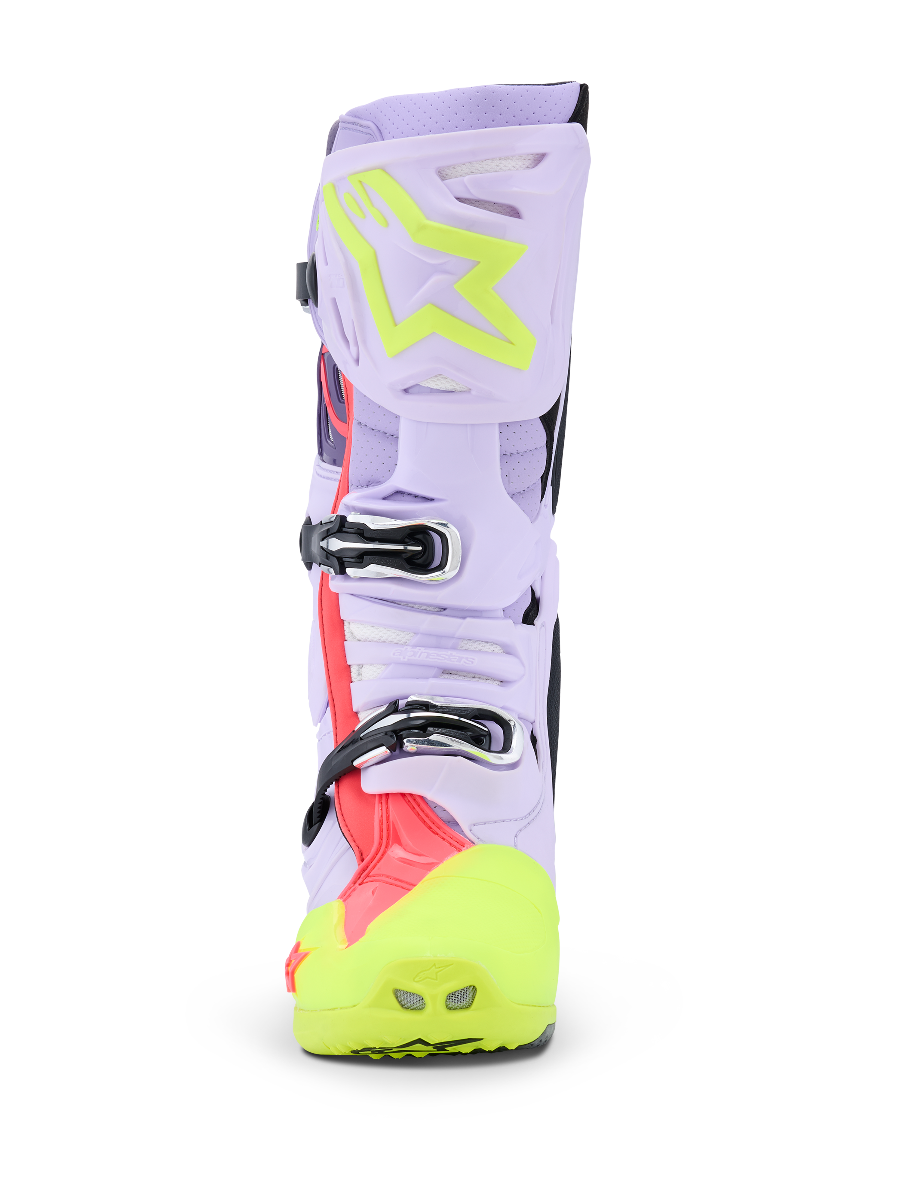 Alpinestars Tech 10 Supervented Boots, buty motocrossowe, fioletowe, żółte fluo i różowe Diva Pink, widok z przodu podkreślający system klamer i wentylowaną płytę na piszczel, profesjonalne obuwie terenowe z cholewką z perforowanej mikrofibry
