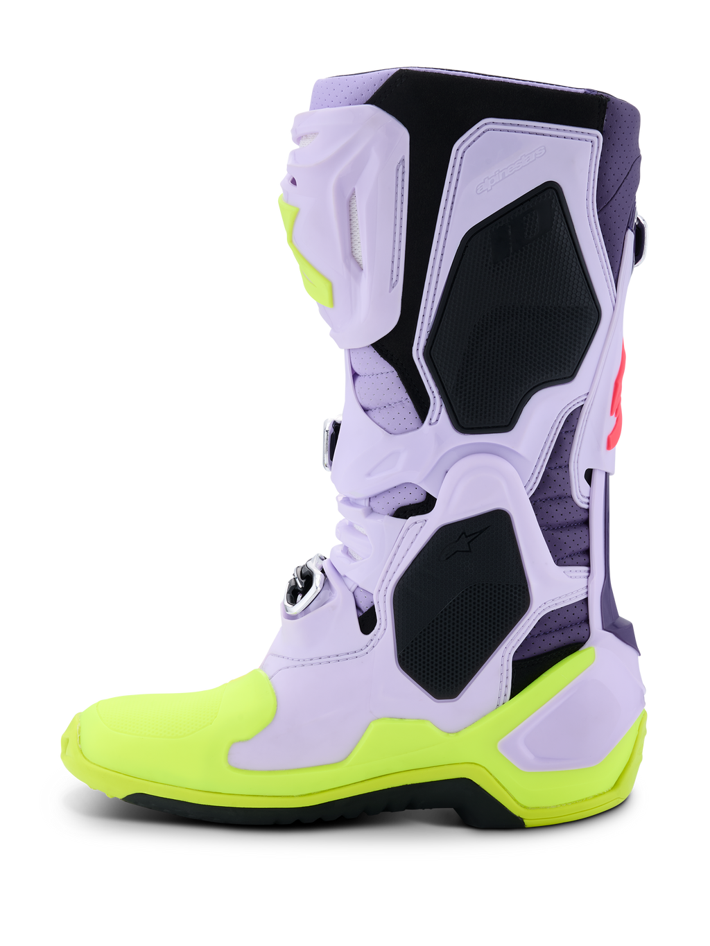 Alpinestars Tech 10 Supervented Boots, buty motocrossowe, fioletowe, żółte fluo i Diva Pink, profil boczny z perforowaną lawendową cholewką z mikrofibry, czarnymi panelami ochronnymi TPU i neonowożółtą podeszwą, wysokowydajne wentylowane obuwie do wyścigów terenowych