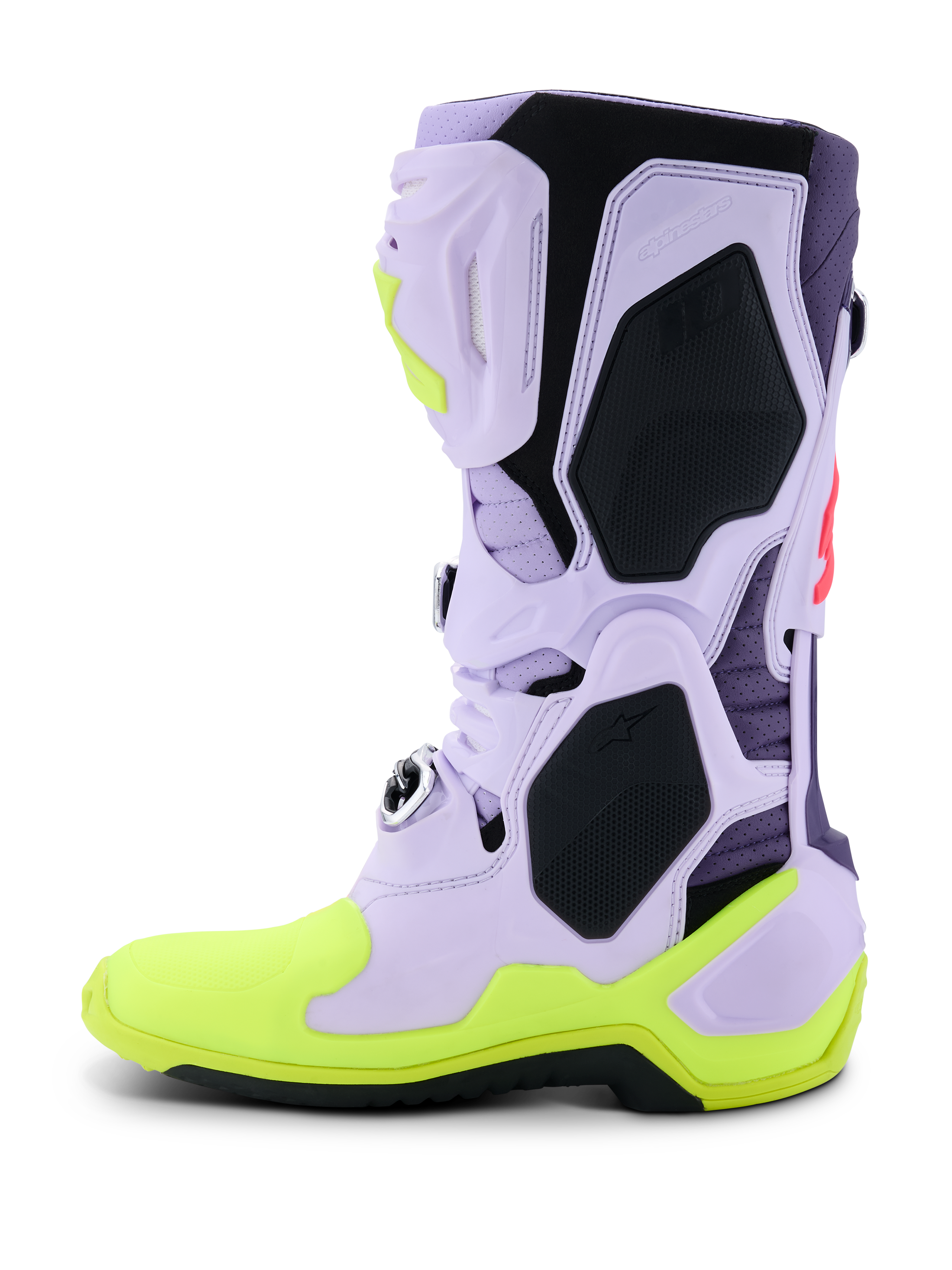 Alpinestars Tech 10 Supervented Boots, buty motocrossowe, fioletowe, żółte fluo i Diva Pink, profil boczny z perforowaną lawendową cholewką z mikrofibry, czarnymi panelami ochronnymi TPU i neonowożółtą podeszwą, wysokowydajne wentylowane obuwie do wyścigów terenowych