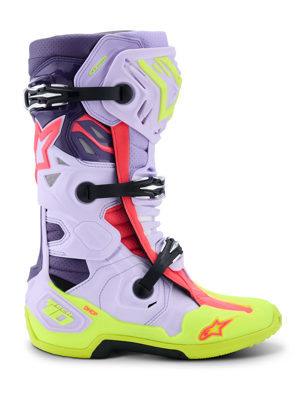 Buty Alpinestars Tech 10 Supervented, buty motocrossowe, fioletowe, żółte neonowe i różowe Diva Pink, widok z boku, regulowane czarne klamry, wentylowane panele z mikrofibry, wzmocniona neonowo żółta podeszwa i wysokowydajna skorupa ochronna