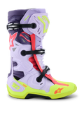 Buty Alpinestars Tech 10 Supervented, buty motocrossowe, fioletowe, żółte neonowe i różowe Diva Pink, widok z boku, regulowane czarne klamry, wentylowane panele z mikrofibry, wzmocniona neonowo żółta podeszwa i wysokowydajna skorupa ochronna