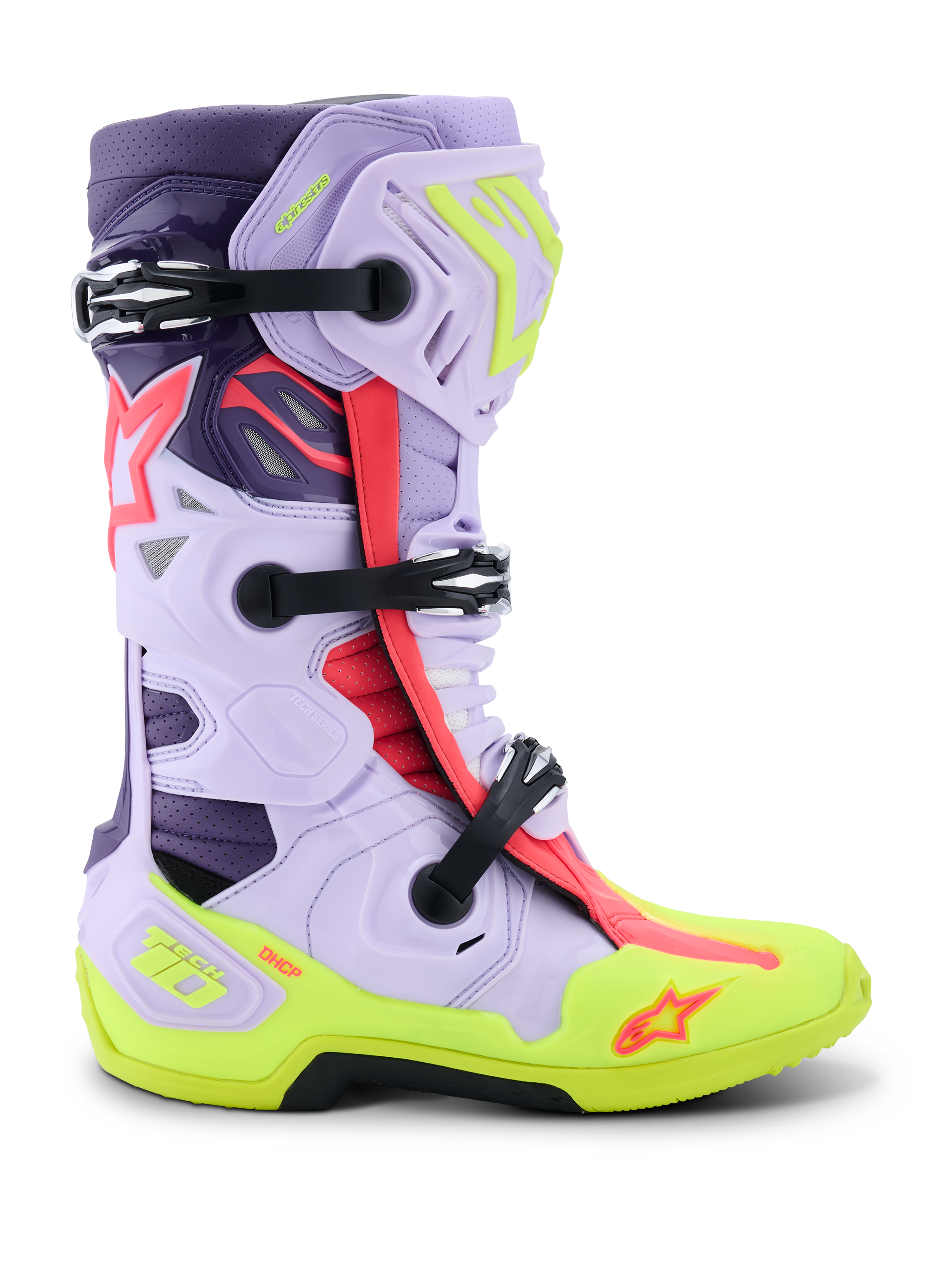 Buty Alpinestars Tech 10 Supervented, buty motocrossowe, fioletowe, żółte neonowe i różowe Diva Pink, widok z boku, regulowane czarne klamry, wentylowane panele z mikrofibry, wzmocniona neonowo żółta podeszwa i wysokowydajna skorupa ochronna