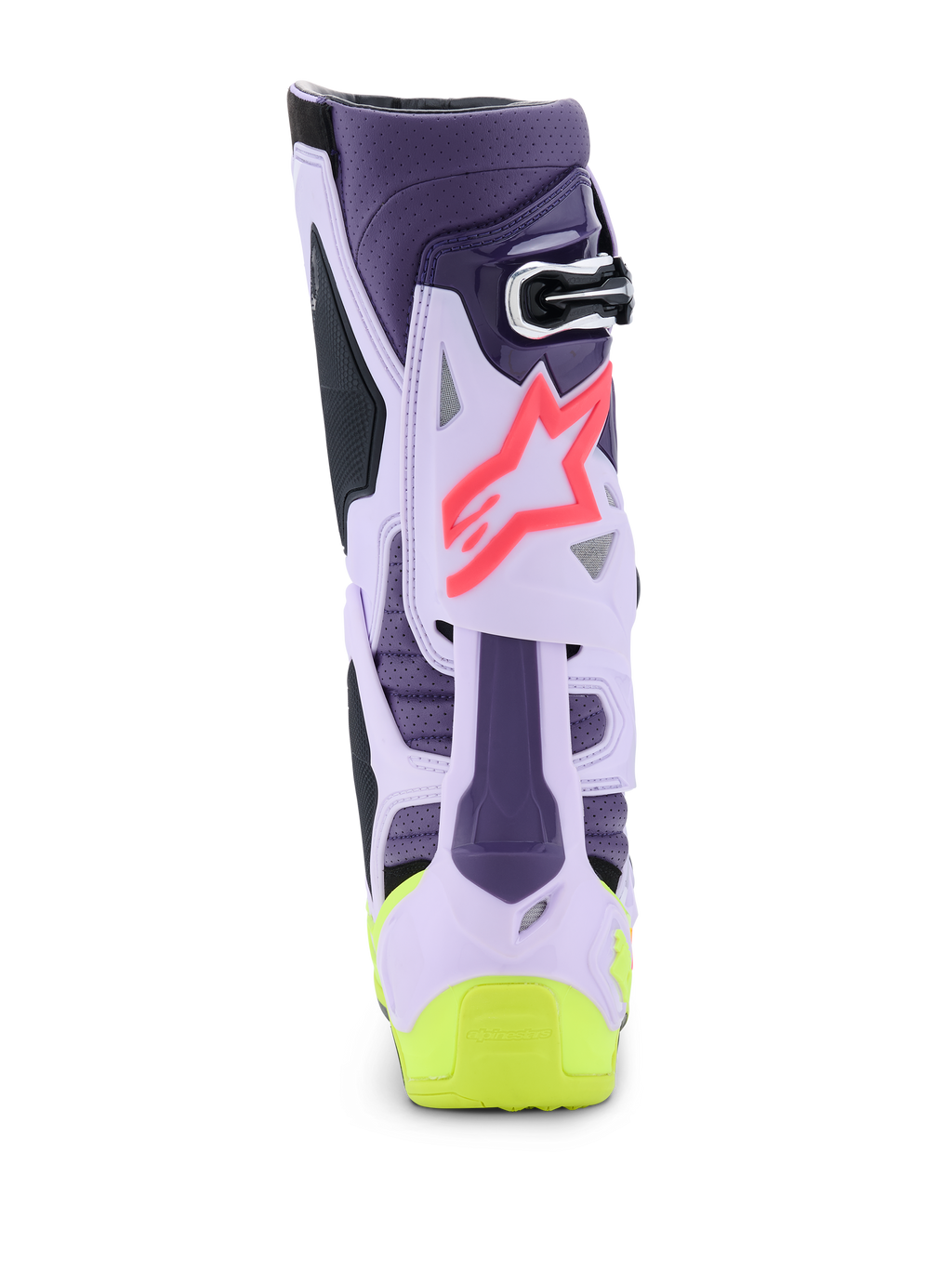 Alpinestars Tech 10 Supervented Boots, widok z tyłu, kolorystyka fioletowa, żółta fluo i Diva Pink, wentylowana struktura TPU, różowe logo gwiazdy i jaskrawożółty detal na pięcie, profesjonalne obuwie motocrossowe