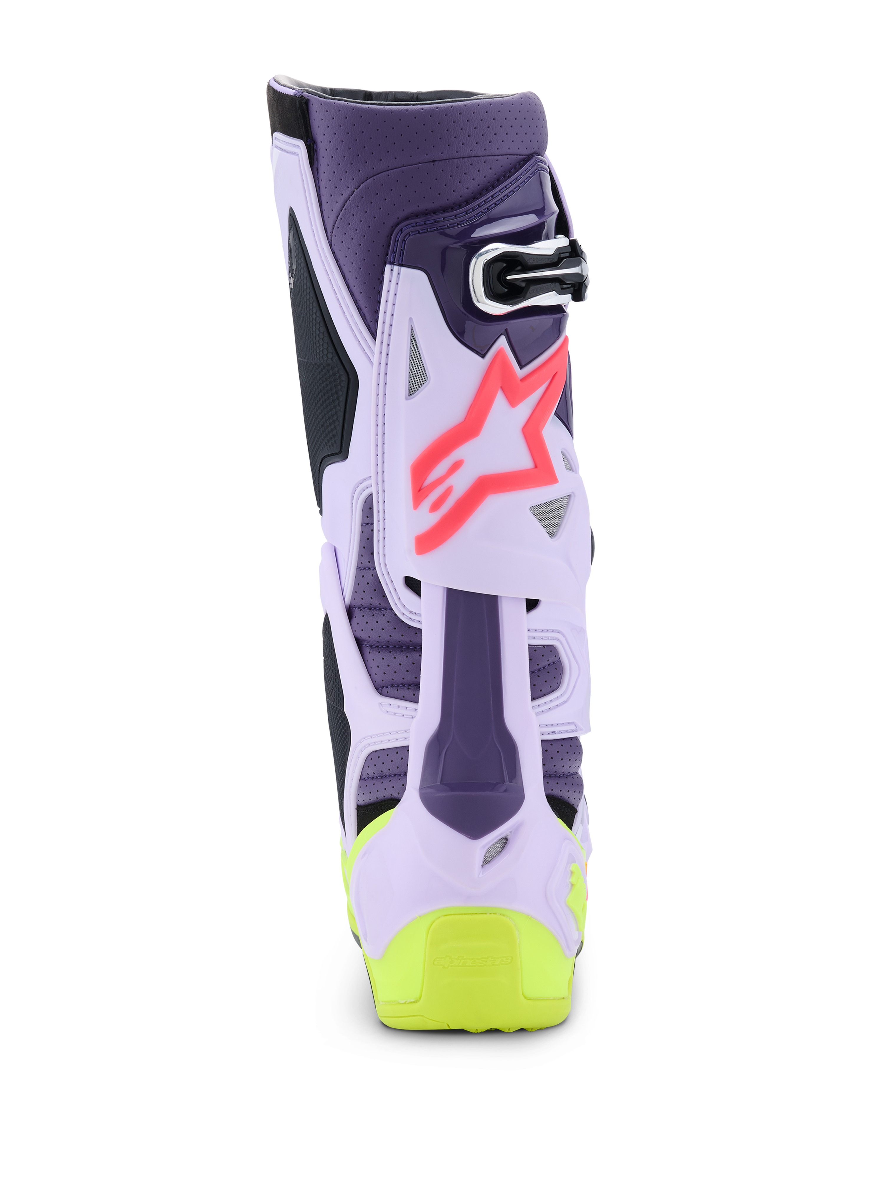 Alpinestars Tech 10 Supervented Boots, widok z tyłu, kolorystyka fioletowa, żółta fluo i Diva Pink, wentylowana struktura TPU, różowe logo gwiazdy i jaskrawożółty detal na pięcie, profesjonalne obuwie motocrossowe