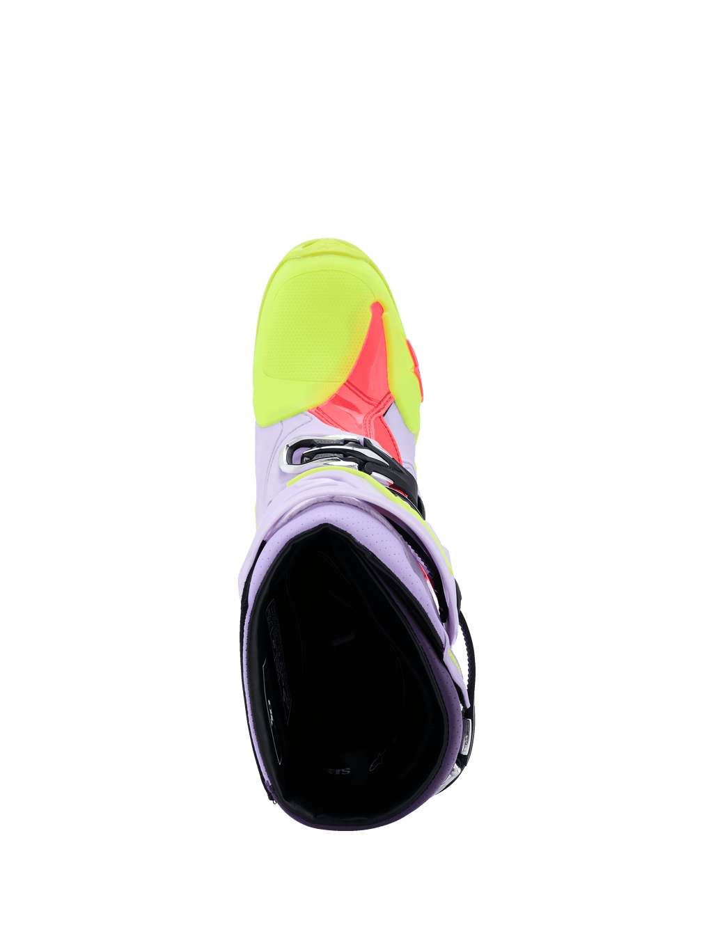Buty Alpinestars Tech 10 Supervented, fioletowe, żółte fluo i różowe Diva Pink, widok z góry pokazujący wnętrze oraz konstrukcję z perforowanej mikrofibry zapewniającą przepływ powietrza, profesjonalne obuwie motocrossowe.