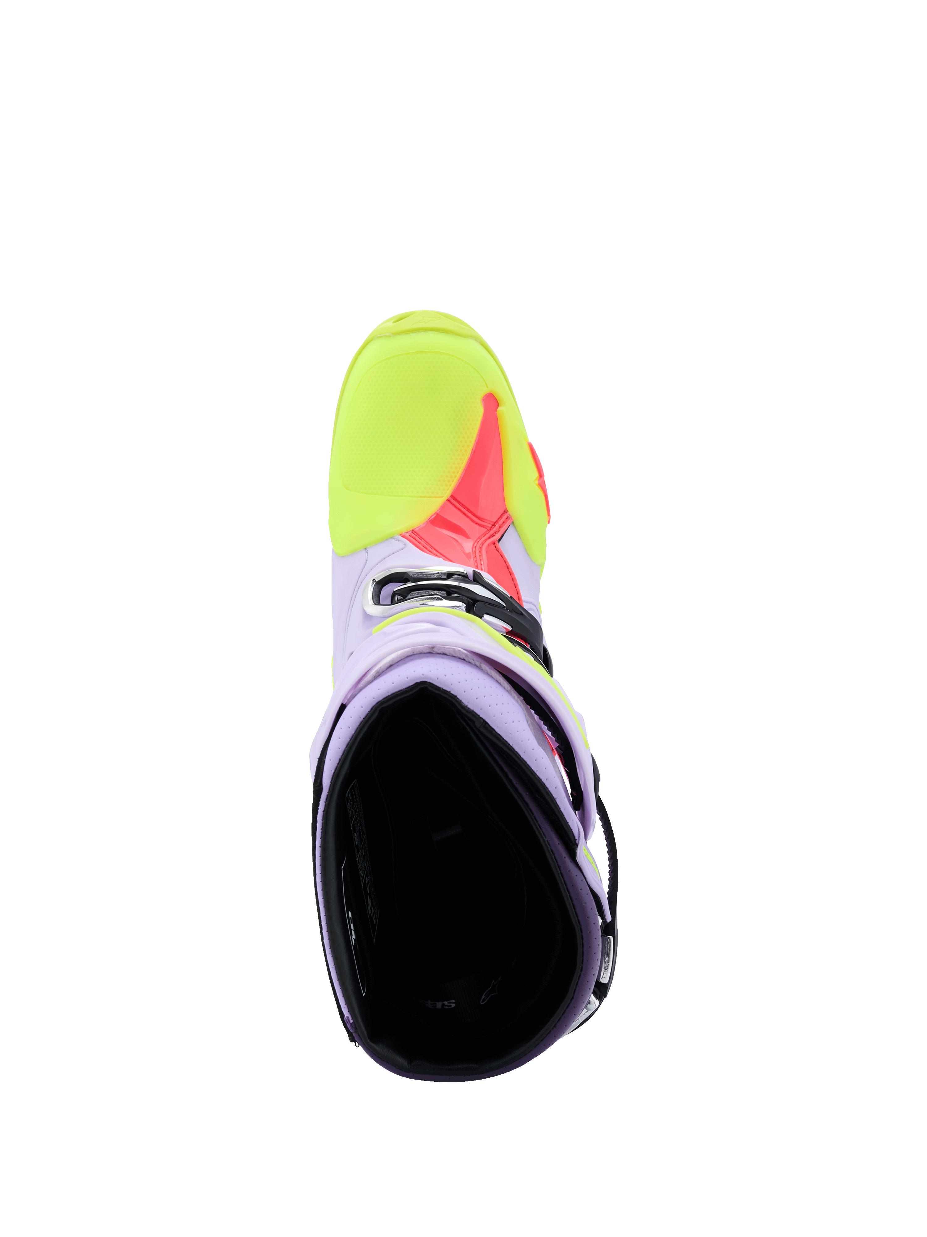 Buty Alpinestars Tech 10 Supervented, fioletowe, żółte fluo i różowe Diva Pink, widok z góry pokazujący wnętrze oraz konstrukcję z perforowanej mikrofibry zapewniającą przepływ powietrza, profesjonalne obuwie motocrossowe.