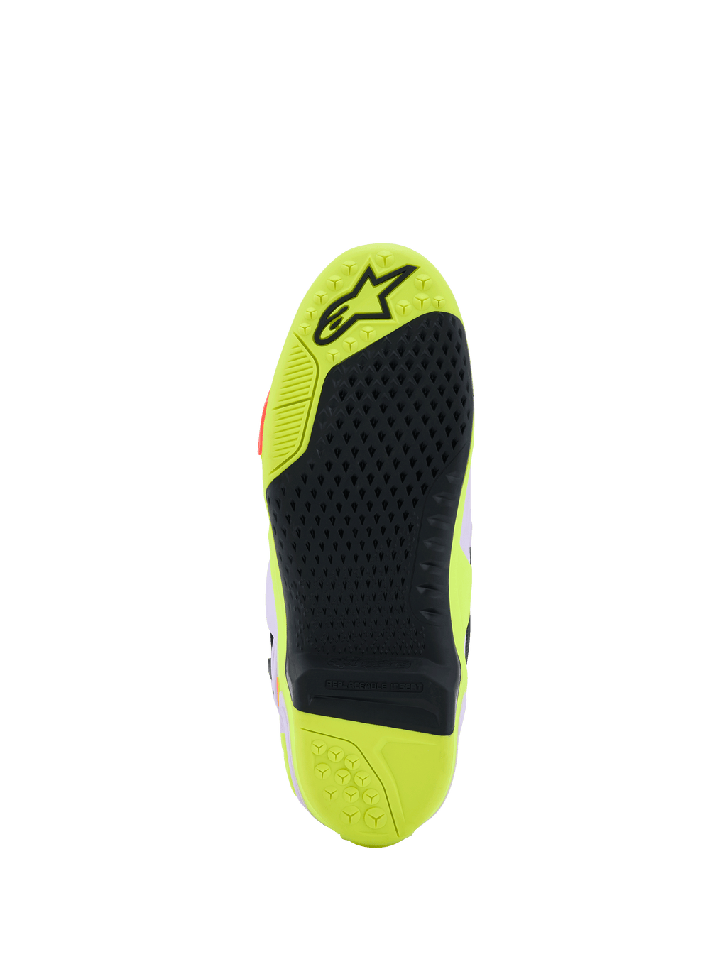 Alpinestars Tech 10 Supervented Boots, szczegółowy widok podeszwy, żółty fluo i czarny, wzór przyczepności w kształcie plastra miodu, wymienna wkładka centralna oraz teksturowana powierzchnia zapewniająca przyczepność na podnóżkach