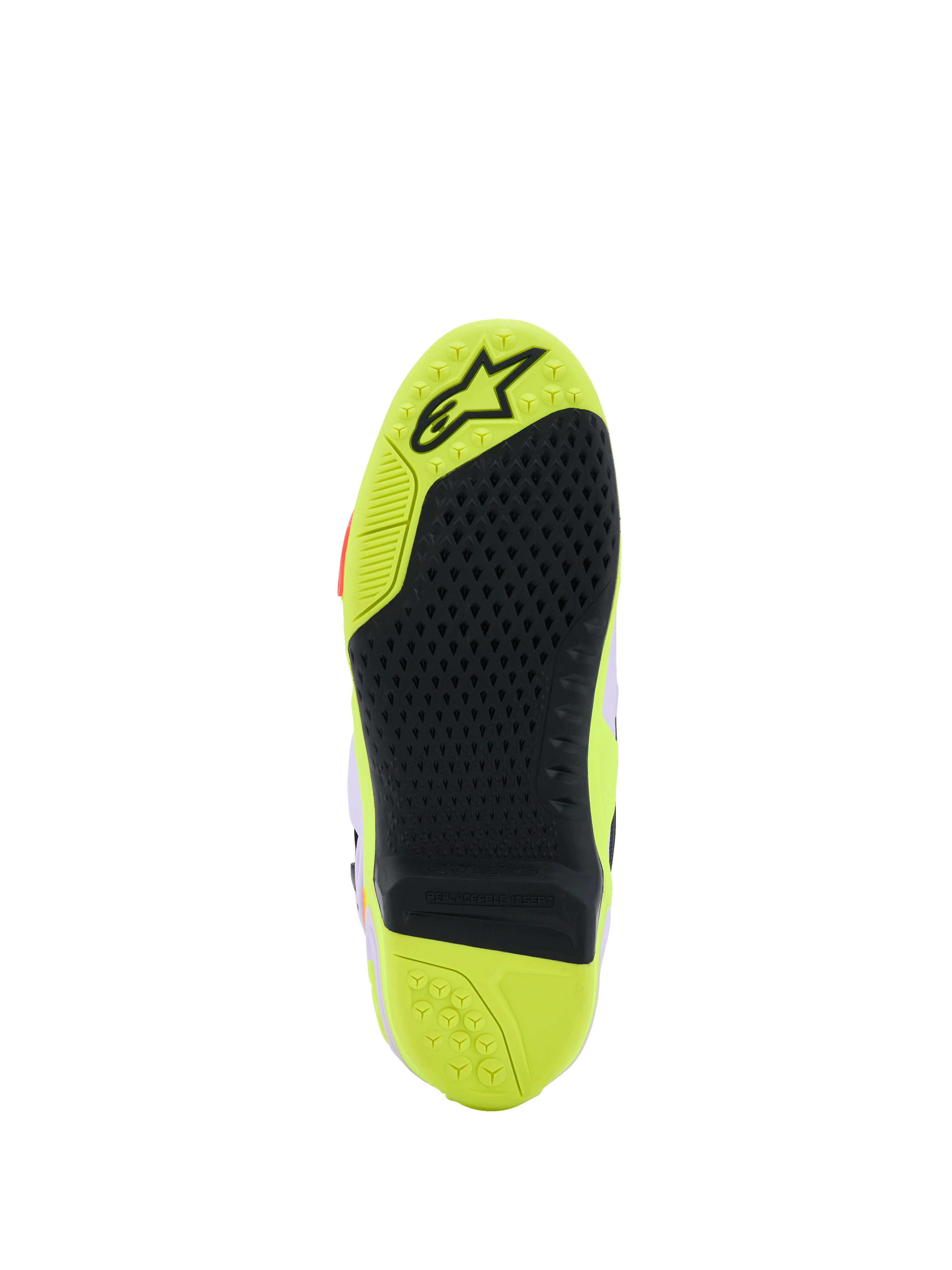 Alpinestars Tech 10 Supervented Boots, szczegółowy widok podeszwy, żółty fluo i czarny, wzór przyczepności w kształcie plastra miodu, wymienna wkładka centralna oraz teksturowana powierzchnia zapewniająca przyczepność na podnóżkach