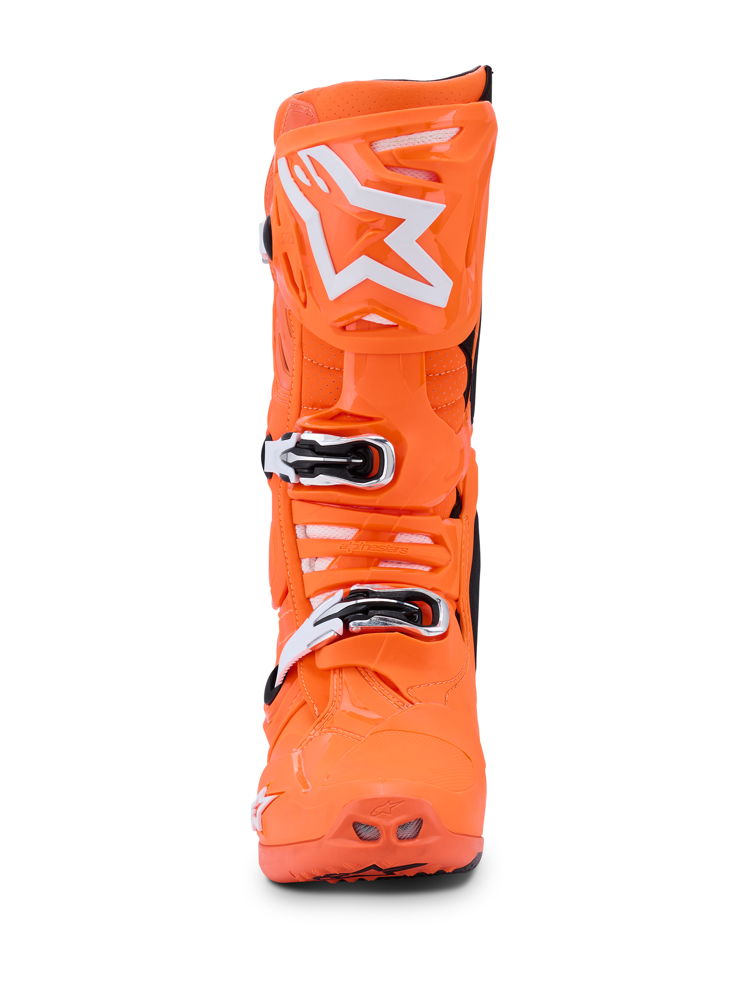 Alpinestars Tech 10 Supervented Boots, pomarańczowy fluo, czarny i biały, widok z przodu pojedynczego jaskrawopomarańczowego buta motocrossowego, białe logo gwiazdy Alpinestars na ochraniaczu goleni, mechaniczne klamry i perforowane otwory wentylacyjne zapewniające wydajność w terenie.