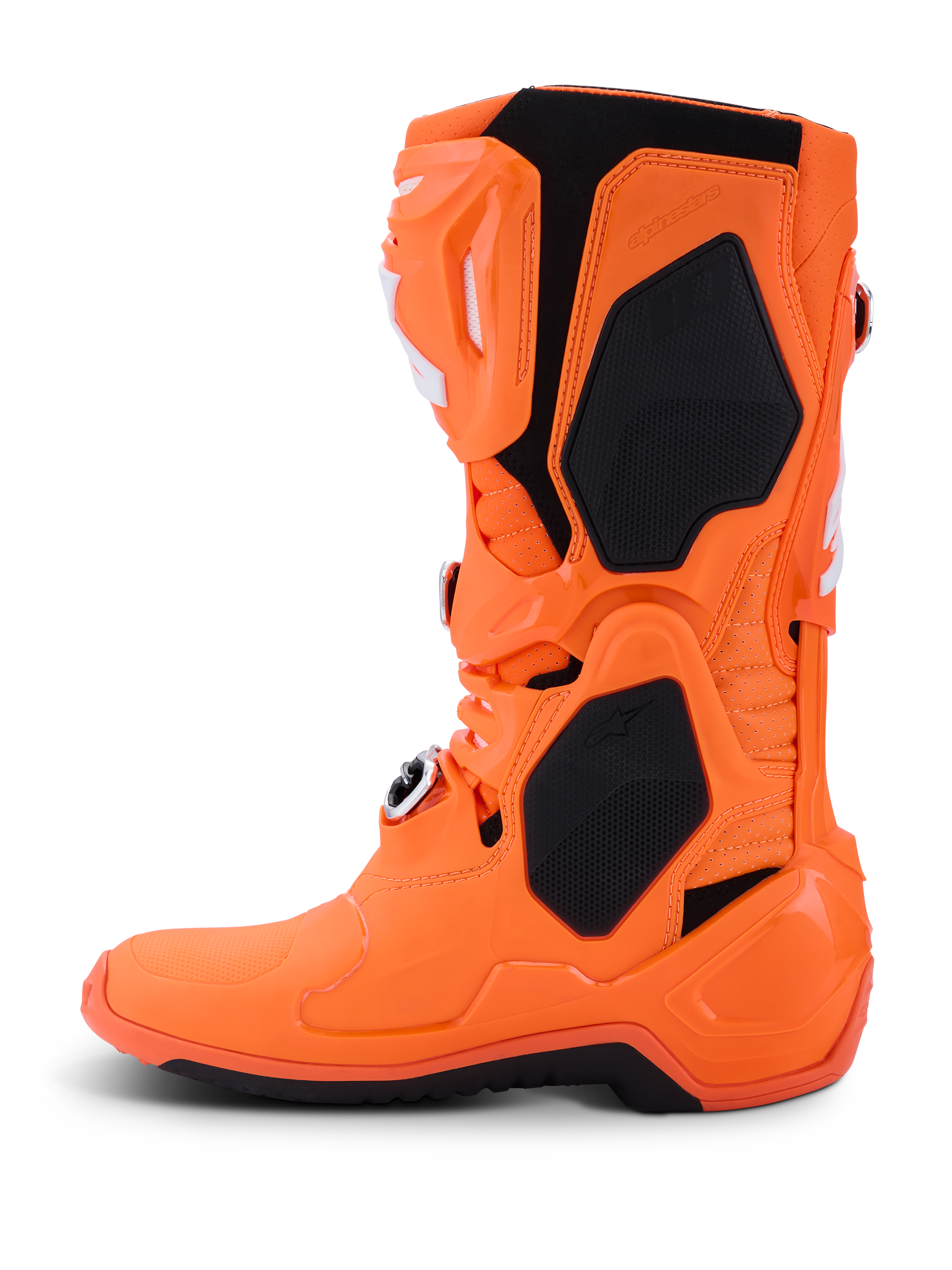 Alpinestars Tech 10 Supervented Boots, buty motocrossowe, pomarańczowe fluo i czarne, widok z boku, wentylowana skorupa TPU, panele z siatki zapewniające przepływ powietrza, regulowany system klamer, profesjonalny sprzęt do jazdy terenowej