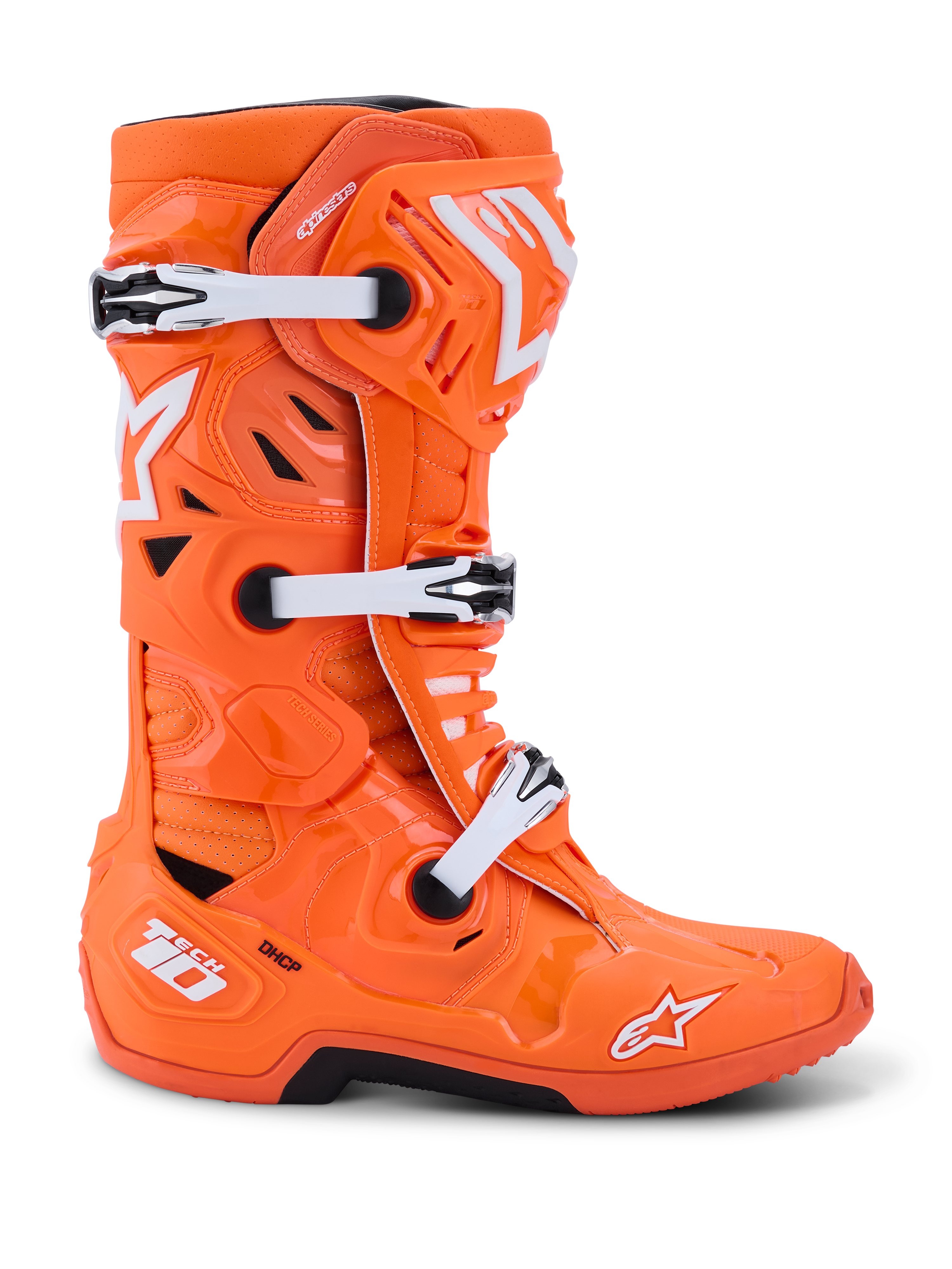 Alpinestars Tech 10 Supervented, buty motocrossowe, pomarańczowe fluo i białe, widok z boku z białymi klamrami mechanicznymi i czarnymi akcentami, wentylowana konstrukcja z perforowanymi panelami, profesjonalne ochronne obuwie wyścigowe