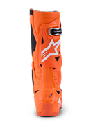 Buty Alpinestars Tech 10 Supervented, kolor pomarańczowy fluo, czarny i biały, widok z tyłu prezentujący profil, sztywna skorupa TPU z białym logo Alpinestars, profesjonalne obuwie motocrossowe