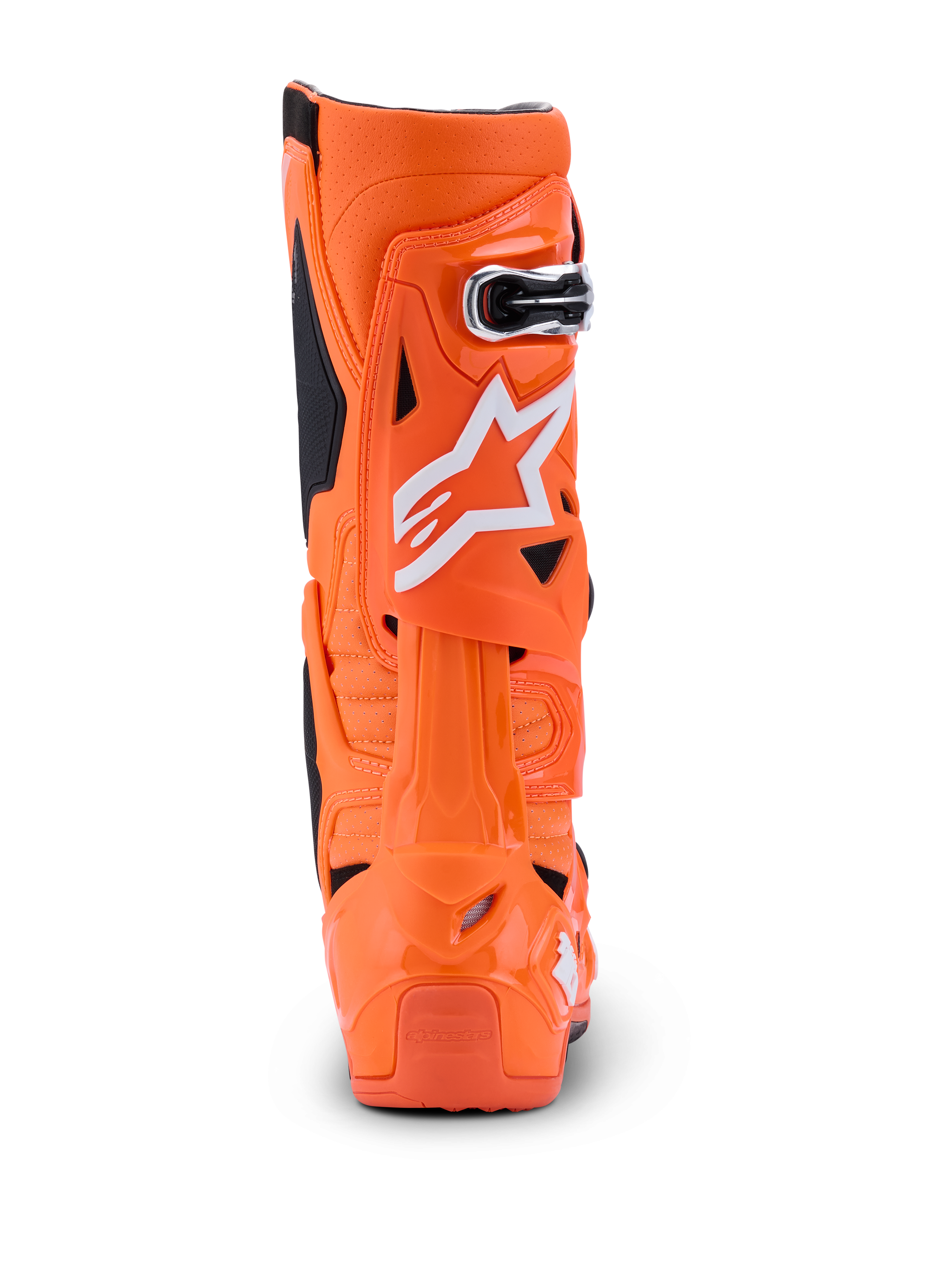 Buty Alpinestars Tech 10 Supervented, kolor pomarańczowy fluo, czarny i biały, widok z tyłu prezentujący profil, sztywna skorupa TPU z białym logo Alpinestars, profesjonalne obuwie motocrossowe