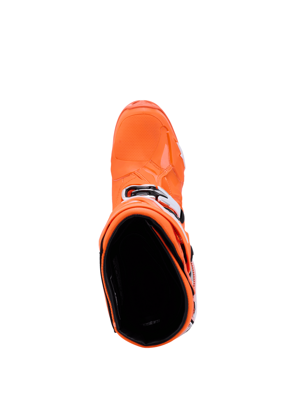 Buty Alpinestars Tech 10 Supervented, Orange Fluo Black White, widok z góry na wnętrze buta, prezentujący teksturowany czubek i boczne klamry, zaawansowane obuwie motocrossowe