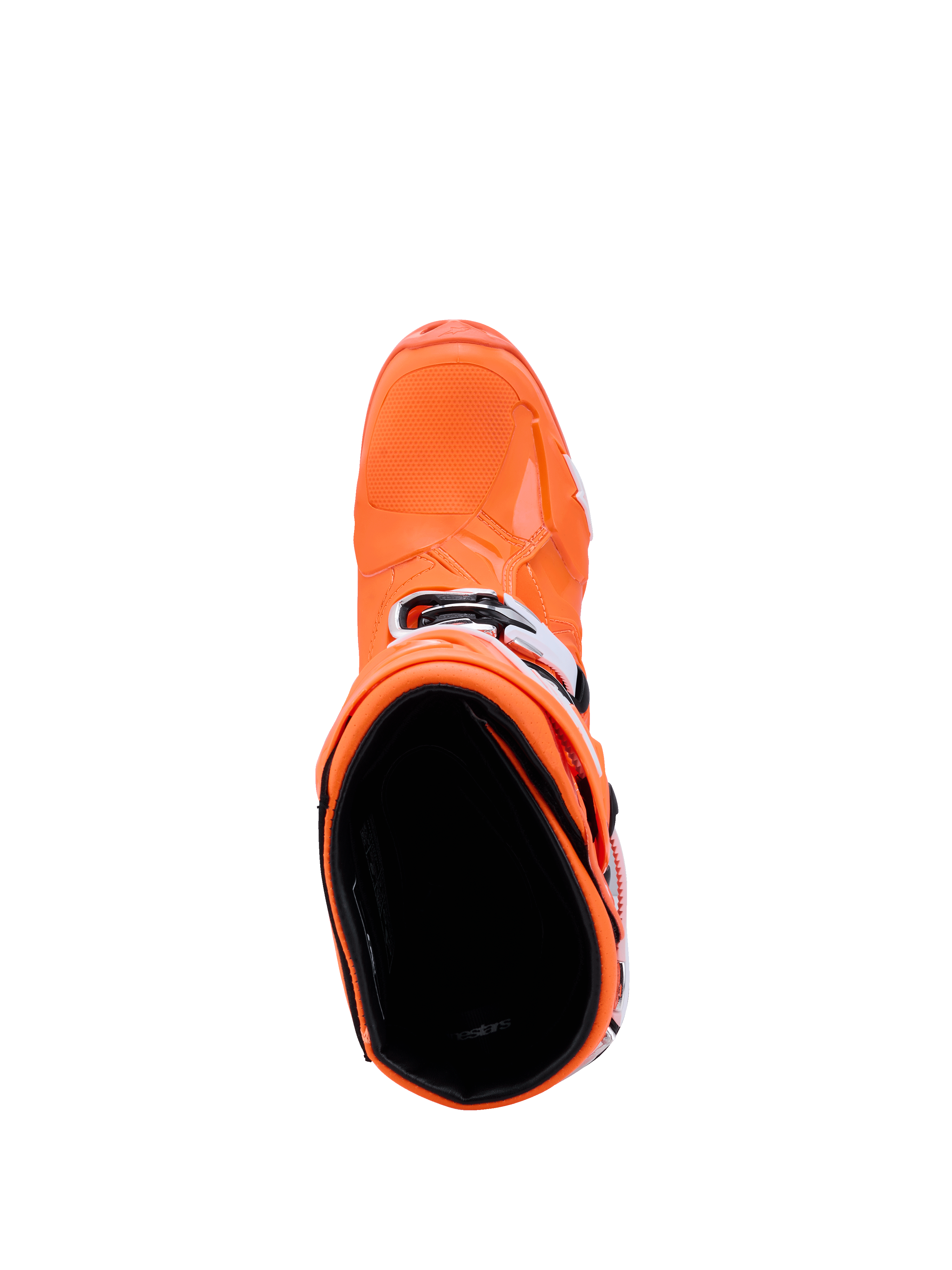 Buty Alpinestars Tech 10 Supervented, Orange Fluo Black White, widok z góry na wnętrze buta, prezentujący teksturowany czubek i boczne klamry, zaawansowane obuwie motocrossowe