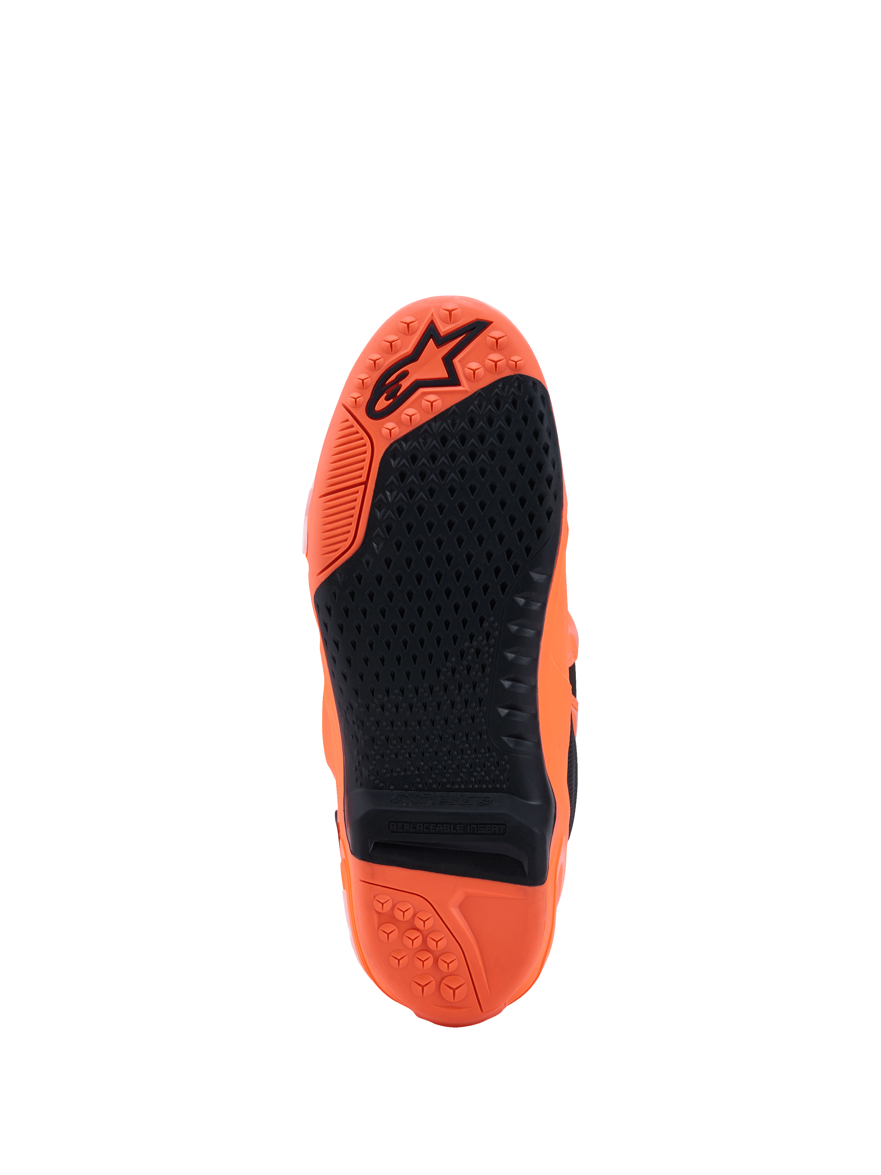 Buty Alpinestars Tech 10 Supervented, fluorescencyjny pomarańczowy i czarny, widok podeszwy z teksturowanym czarnym gumowym chwytem, wymienną wkładką środkową i wytłoczonym logo na pomarańczowym bieżniku, zaprojektowane z myślą o wydajności w motocrossie.