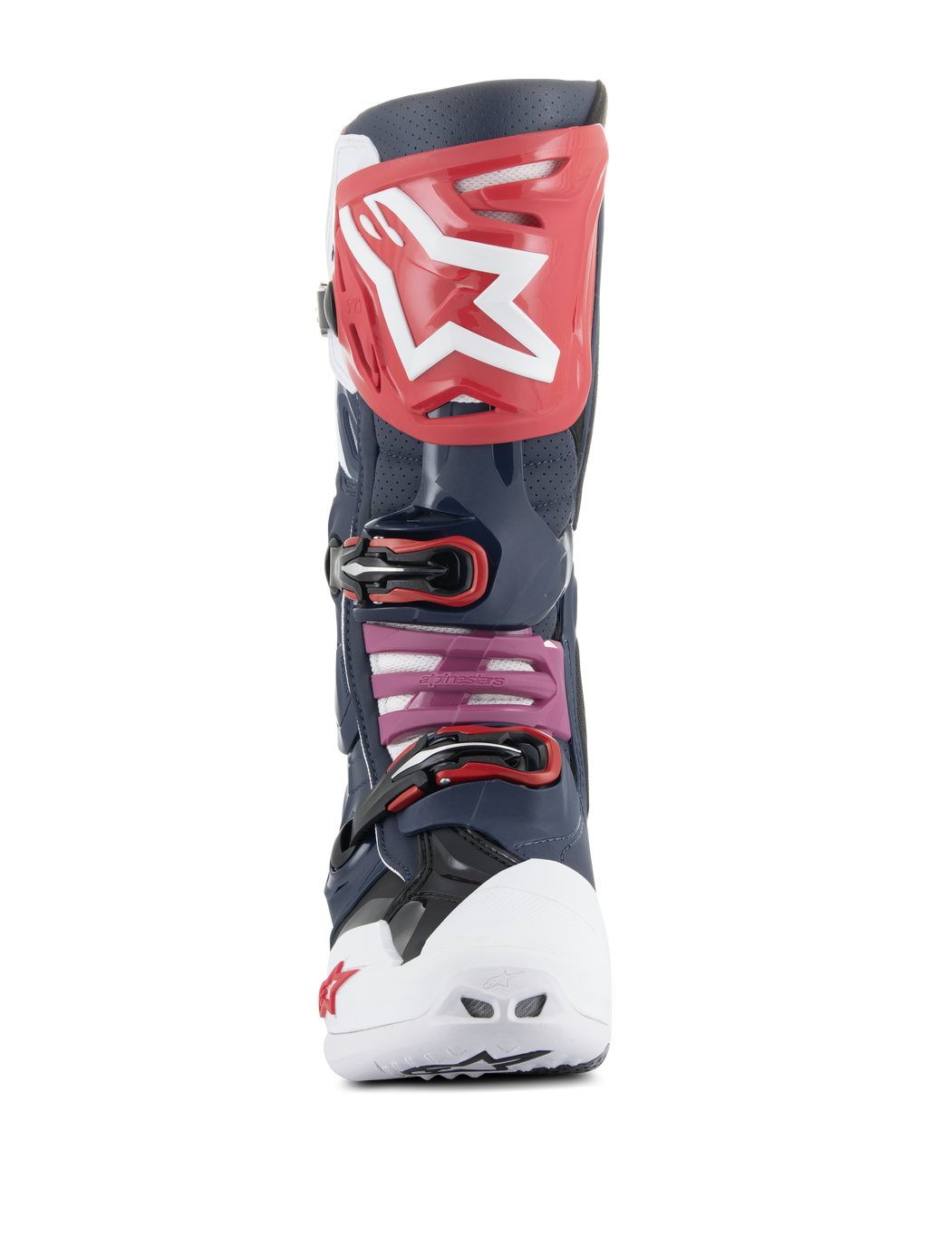 Buty Alpinestars Tech 10 Supervented, buty motocrossowe, Night Navy White Rainbow, widok z przodu z czerwoną płytą na piszczel z białym logo, białym wentylowanym noskiem oraz konstrukcją z granatowej perforowanej mikrofibry dla maksymalnej wentylacji.
