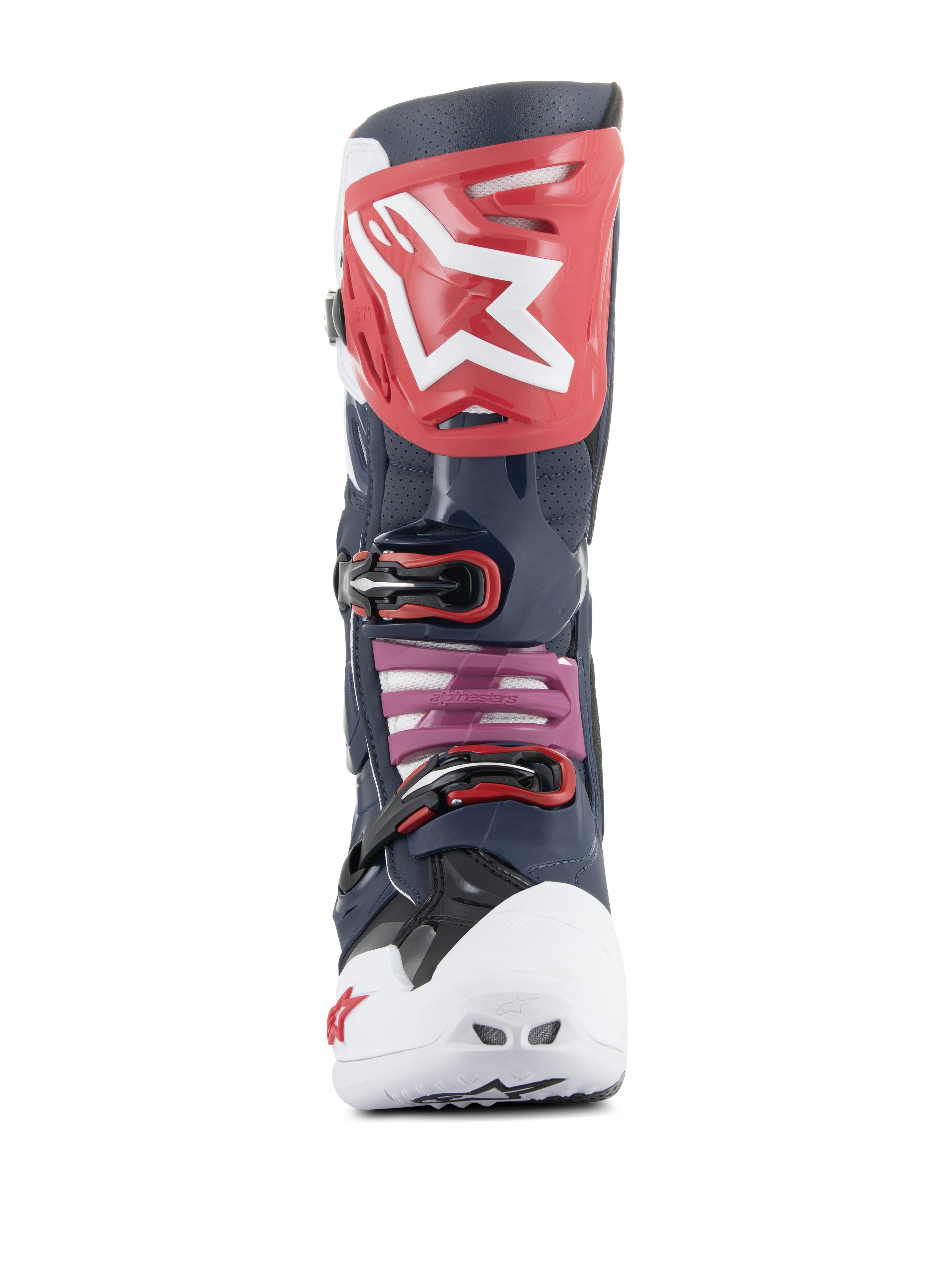 Buty Alpinestars Tech 10 Supervented, buty motocrossowe, Night Navy White Rainbow, widok z przodu z czerwoną płytą na piszczel z białym logo, białym wentylowanym noskiem oraz konstrukcją z granatowej perforowanej mikrofibry dla maksymalnej wentylacji.