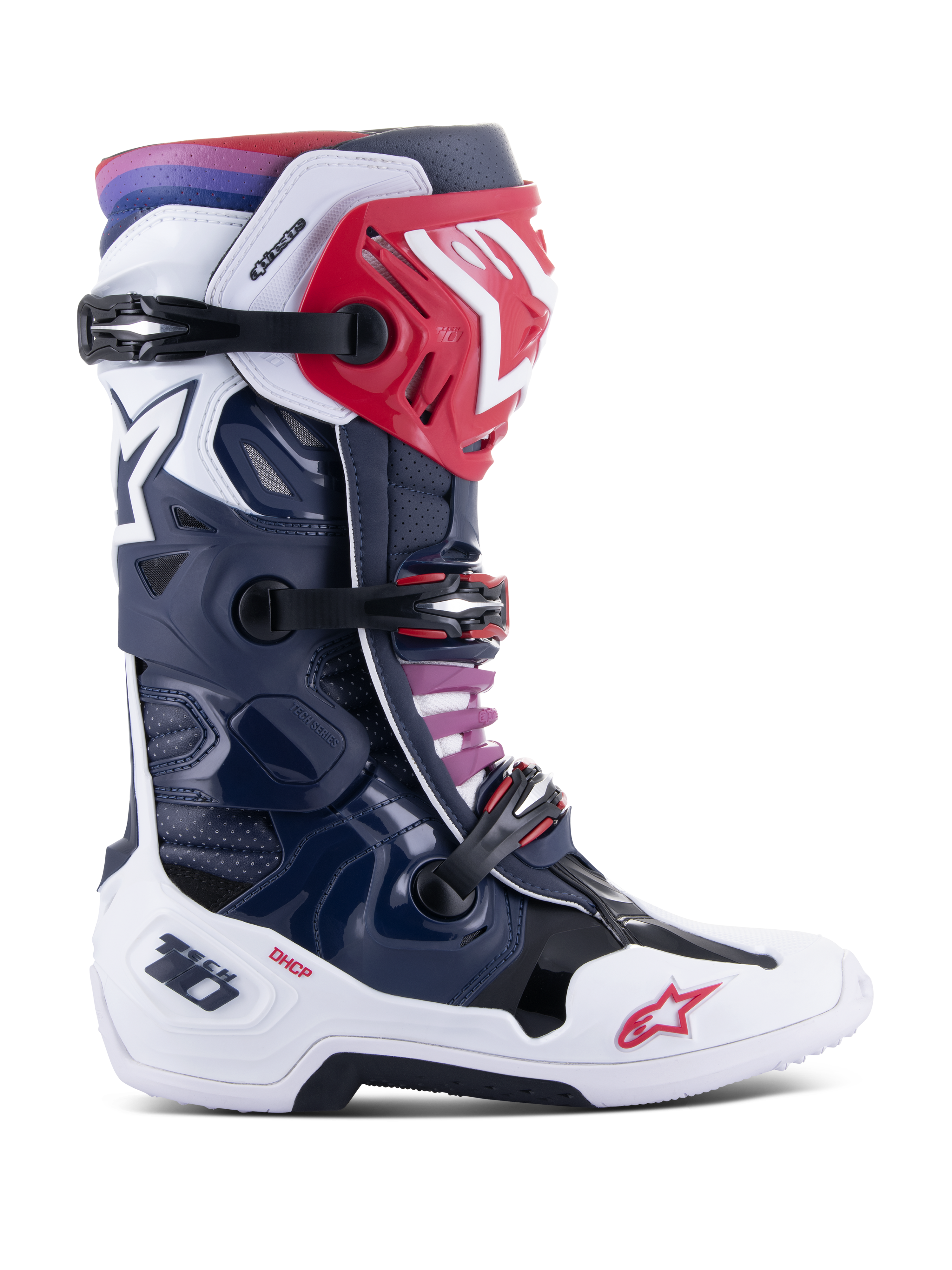 Buty Alpinestars Tech 10 Supervented, buty motocrossowe, kolorystyka Night Navy White Rainbow, widok z boku, granatowo-biała skorupa z czerwonymi akcentami, czarne paski z klamrami i fioletowo-czerwony gradient na górnym mankiecie, zaawansowana wentylowana konstrukcja zapewniająca ochronę w terenie