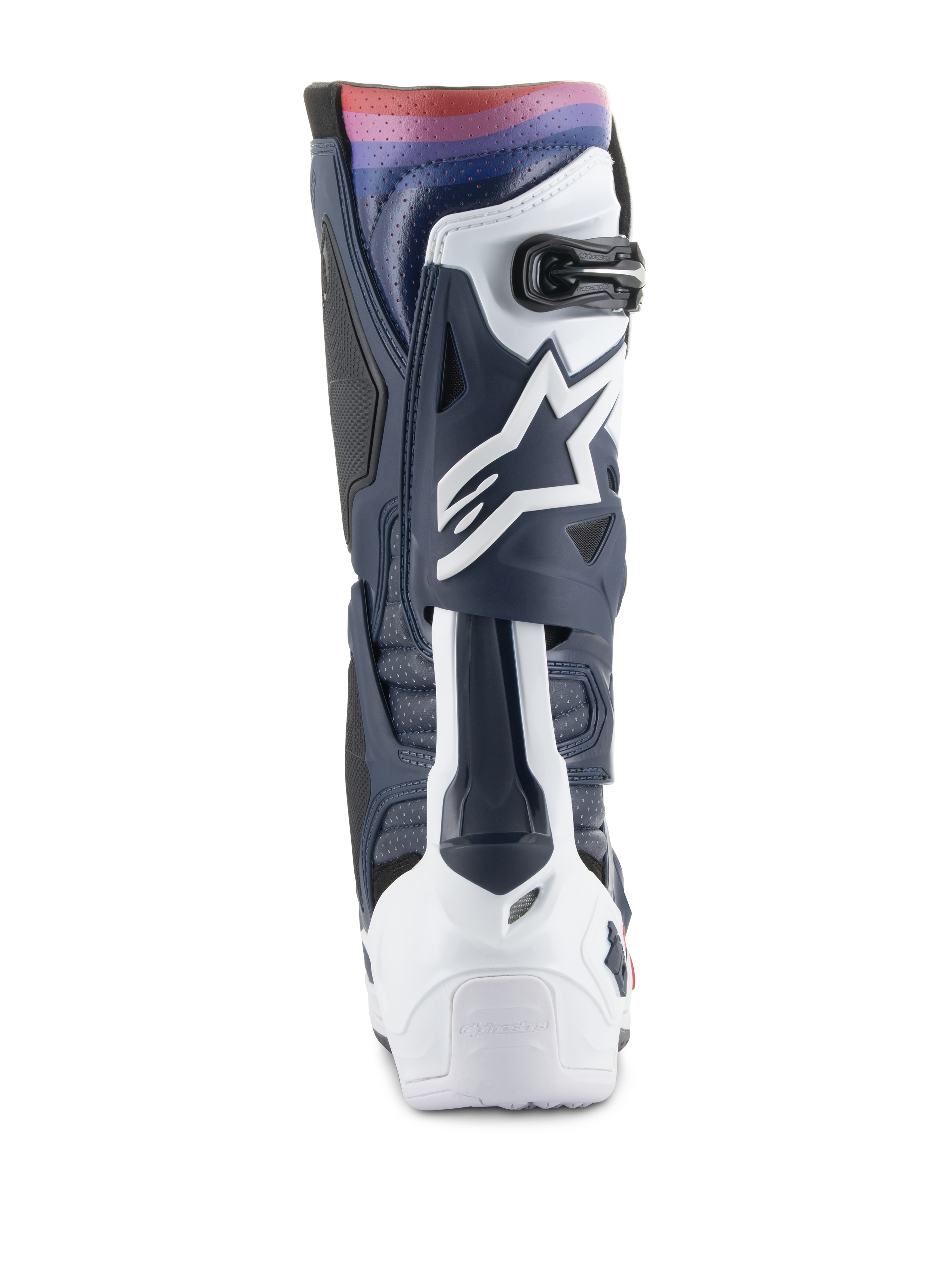 Alpinestars Tech 10 Supervented Boots, buty motocrossowe, Night Navy White Rainbow, widok od tyłu przedstawiający granatowo-białą konstrukcję TPU z wyrazistym tęczowym gradientem na górze, białym logo Astars i panelami wentylacyjnymi zapewniającymi wydajność w terenie.