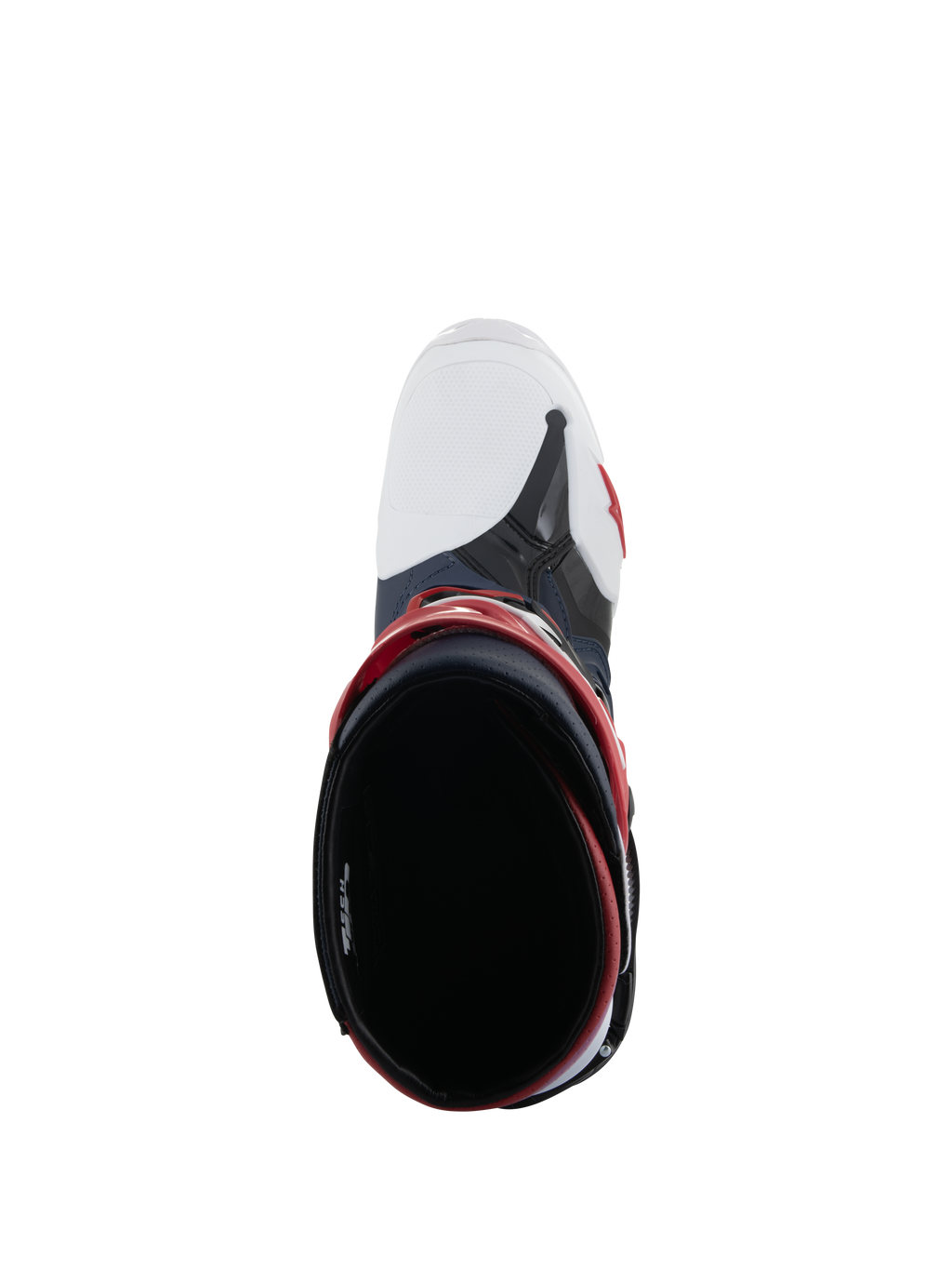Alpinestars Tech 10 Supervented Boots, widok z góry na otwór buta, kolorystyka Night Navy White Rainbow, biała wentylowana osłona palców i czerwone akcenty, wysokowydajne obuwie motocrossowe zapewniające maksymalny przepływ powietrza