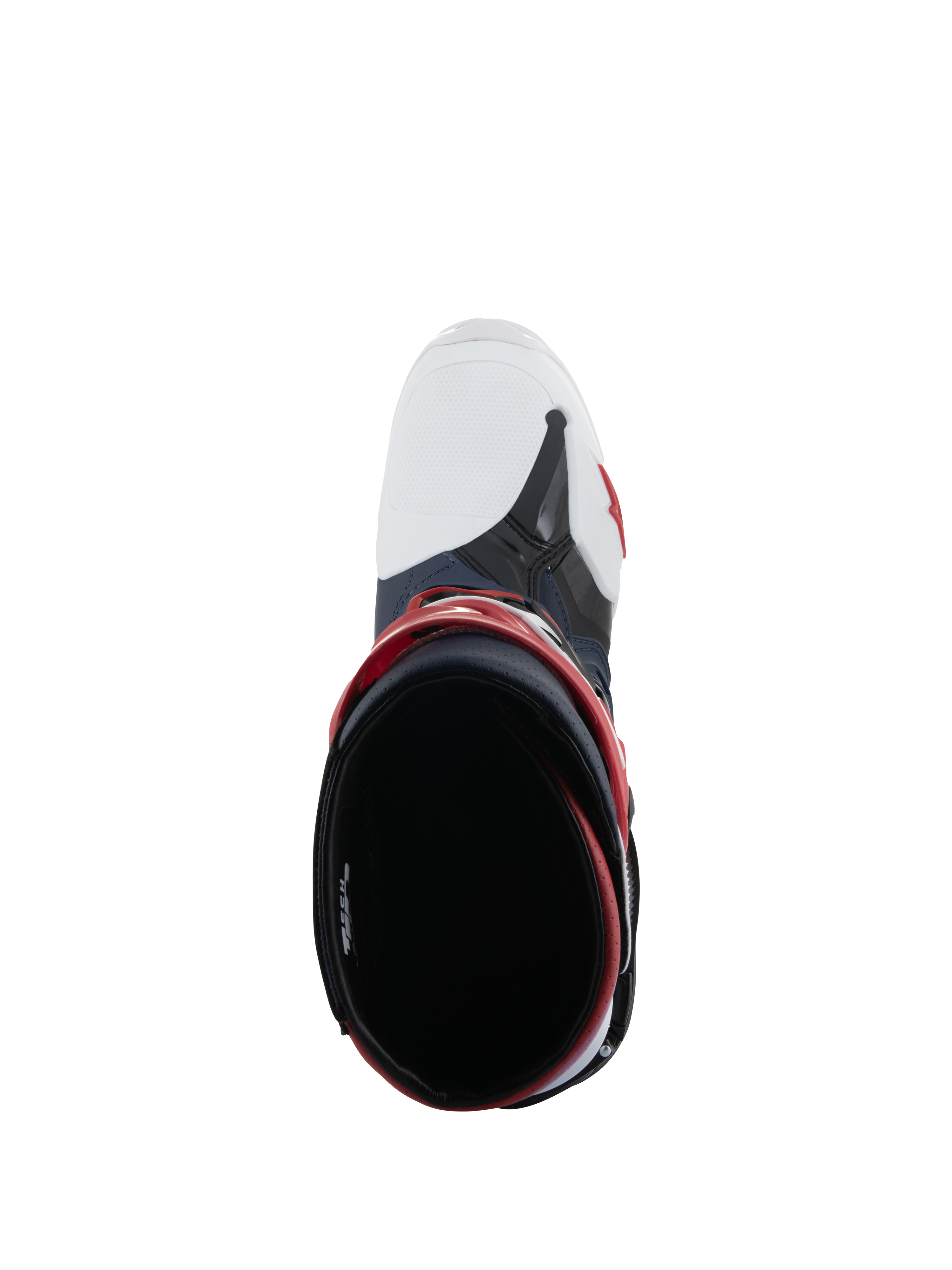 Alpinestars Tech 10 Supervented Boots, widok z góry na otwór buta, kolorystyka Night Navy White Rainbow, biała wentylowana osłona palców i czerwone akcenty, wysokowydajne obuwie motocrossowe zapewniające maksymalny przepływ powietrza