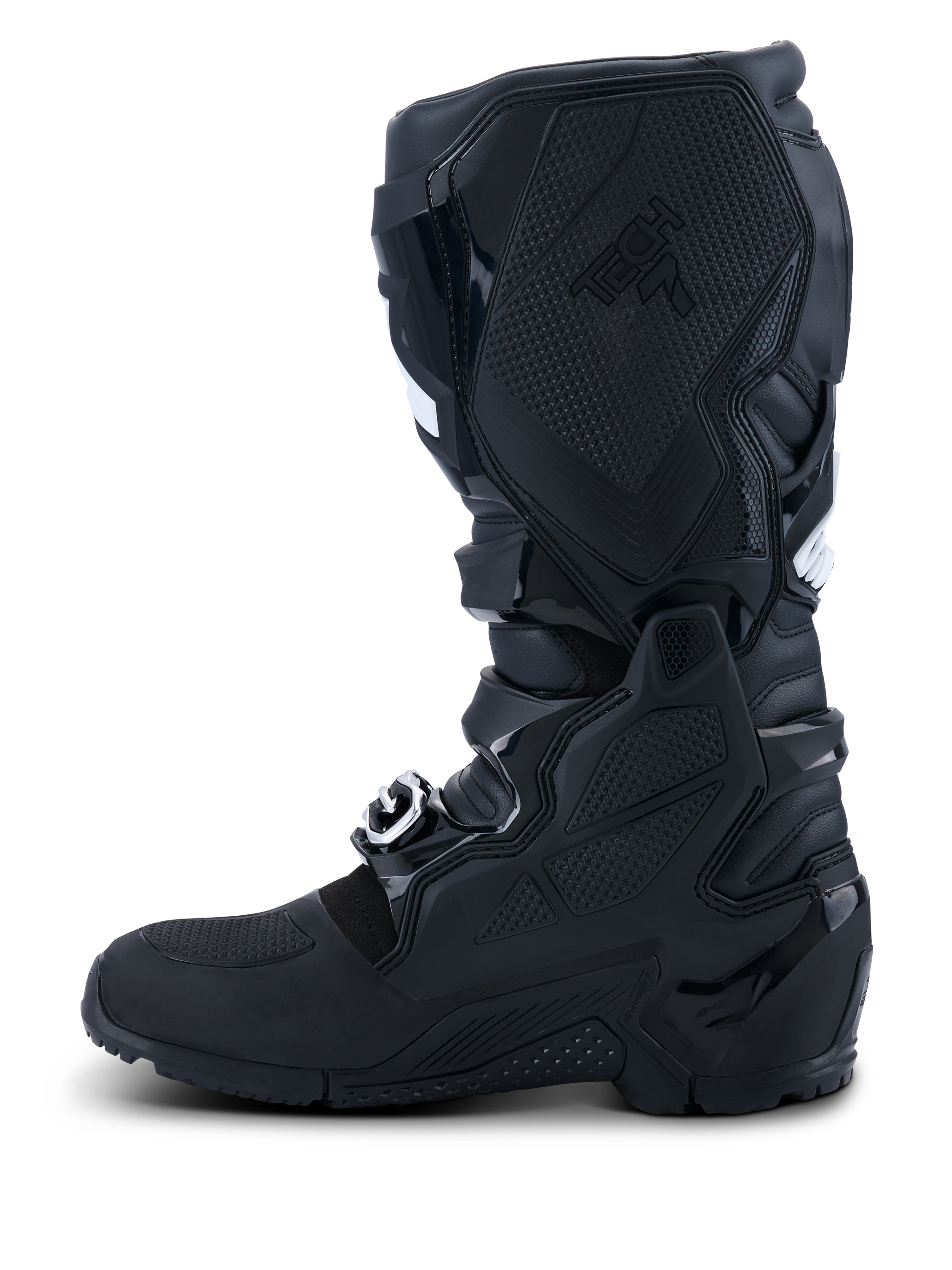 Alpinestars 2026 Tech 7 Enduro Drystar® Boots, Black, medial side profile view featuring extensive TPU shielding, dual-pivot system, and specialized textured grip panels for bike control, waterproof construction for off-road and enduro racing
