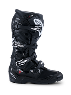 Alpinestars 2026 Tech 7 Enduro Drystar® Boots, Black off-road motorcycle boots, profile view featuring four silver buckle closures, rugged dual-compound enduro sole, and extensive TPU protection with matte and glossy black finishes.