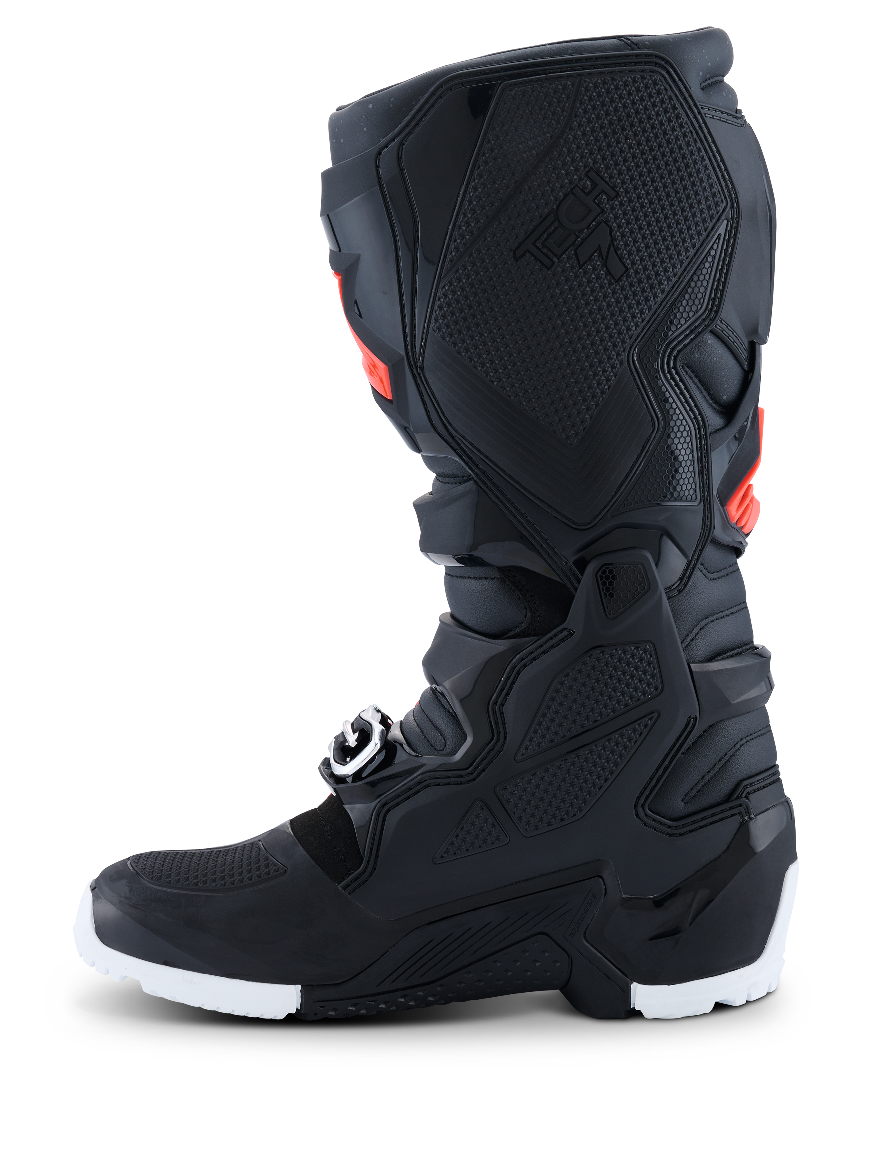 Alpinestars 2026 Tech 7 Enduro Drystar® Boots, Enduro Motocross Boots, Black with Red Fluo and White accents, side profile view highlighting the TPU honeycomb medial grip panel and white sole, durable waterproof construction for off-road performance