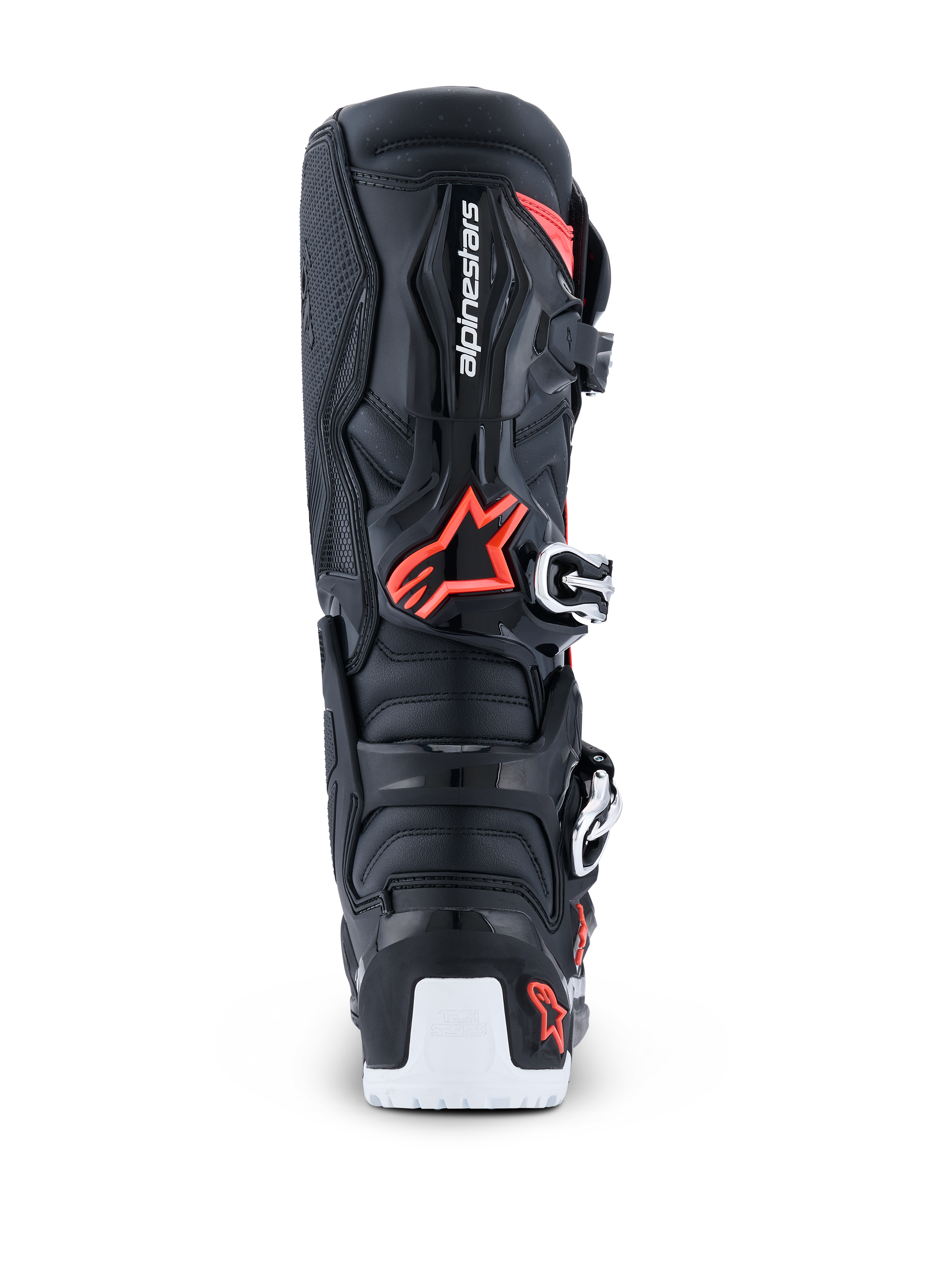 Alpinestars 2026 Tech 7 Enduro Drystar® Boots, Enduro Motocross Boots, Black Red Fluo and White, rear view highlighting the TPU protective shell, Alpinestars logo, biomechanical pivot area, and white lower sole reinforcement.