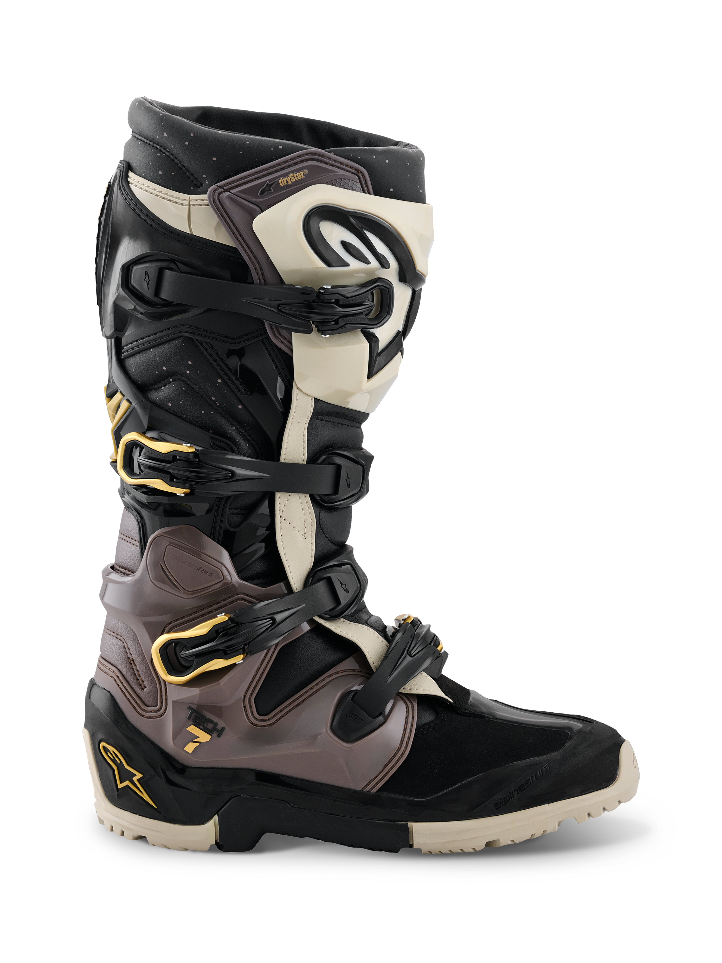 Alpinestars 2026 Tech 7 Enduro Drystar® Boots, Motocross and Enduro Boots, Black Dark Gray and Gold, featuring a multi-buckle closure system with gold accents, rugged dual-compound sole, and durable TPU protective panels, professional off-road riding footwear