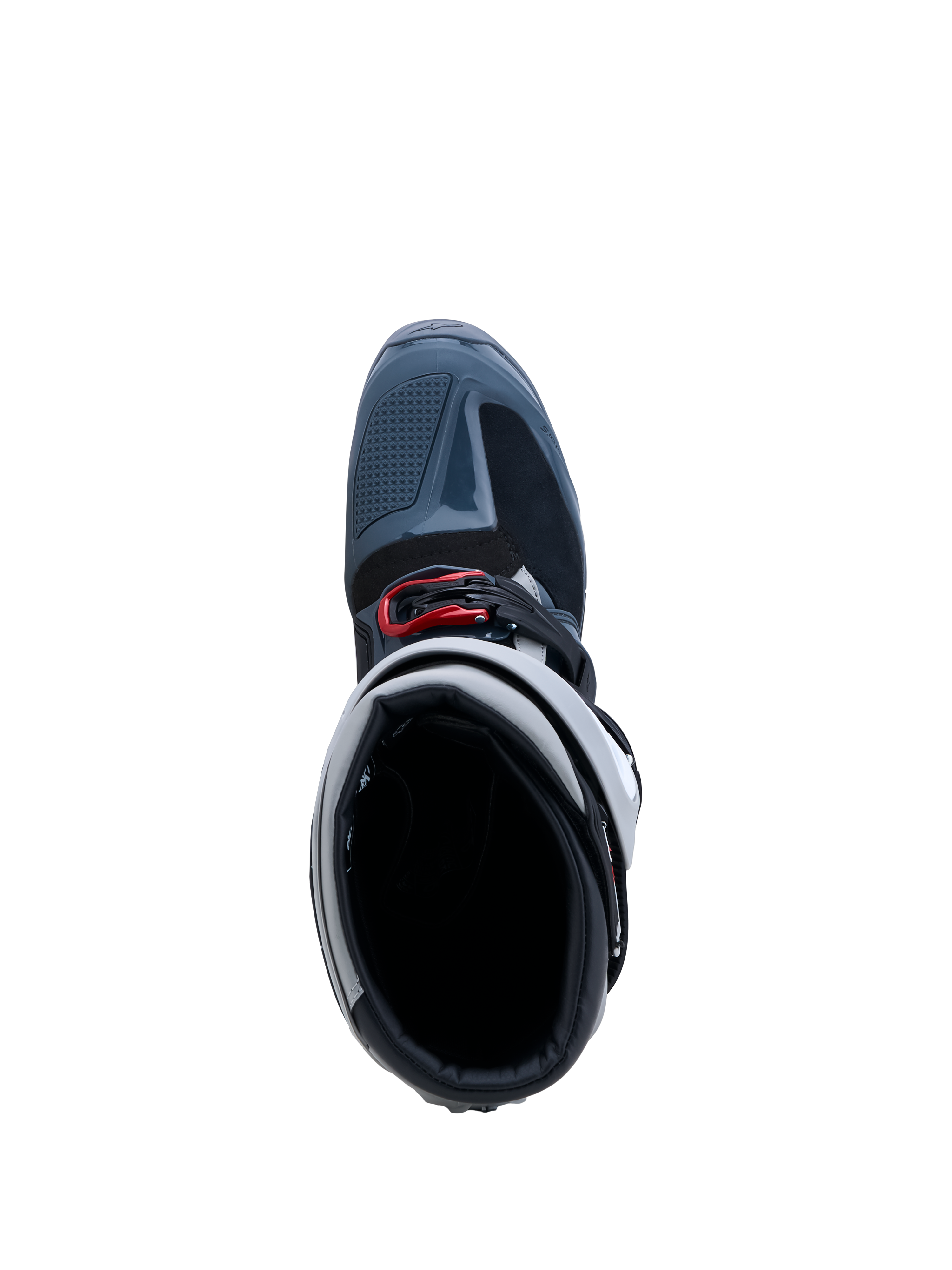 Alpinestars Tech 7 Enduro Drystar Boots, waterproof gray and red off-road boots shown from a top-down view.