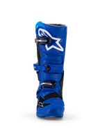 Alpinestars Yamaha Youth Tech 7S Boots, Motocross Boots, Blue Black and White, front view showing TPU shin plate with white star logo, adjustable buckle closure system, and durable off-road protective construction.