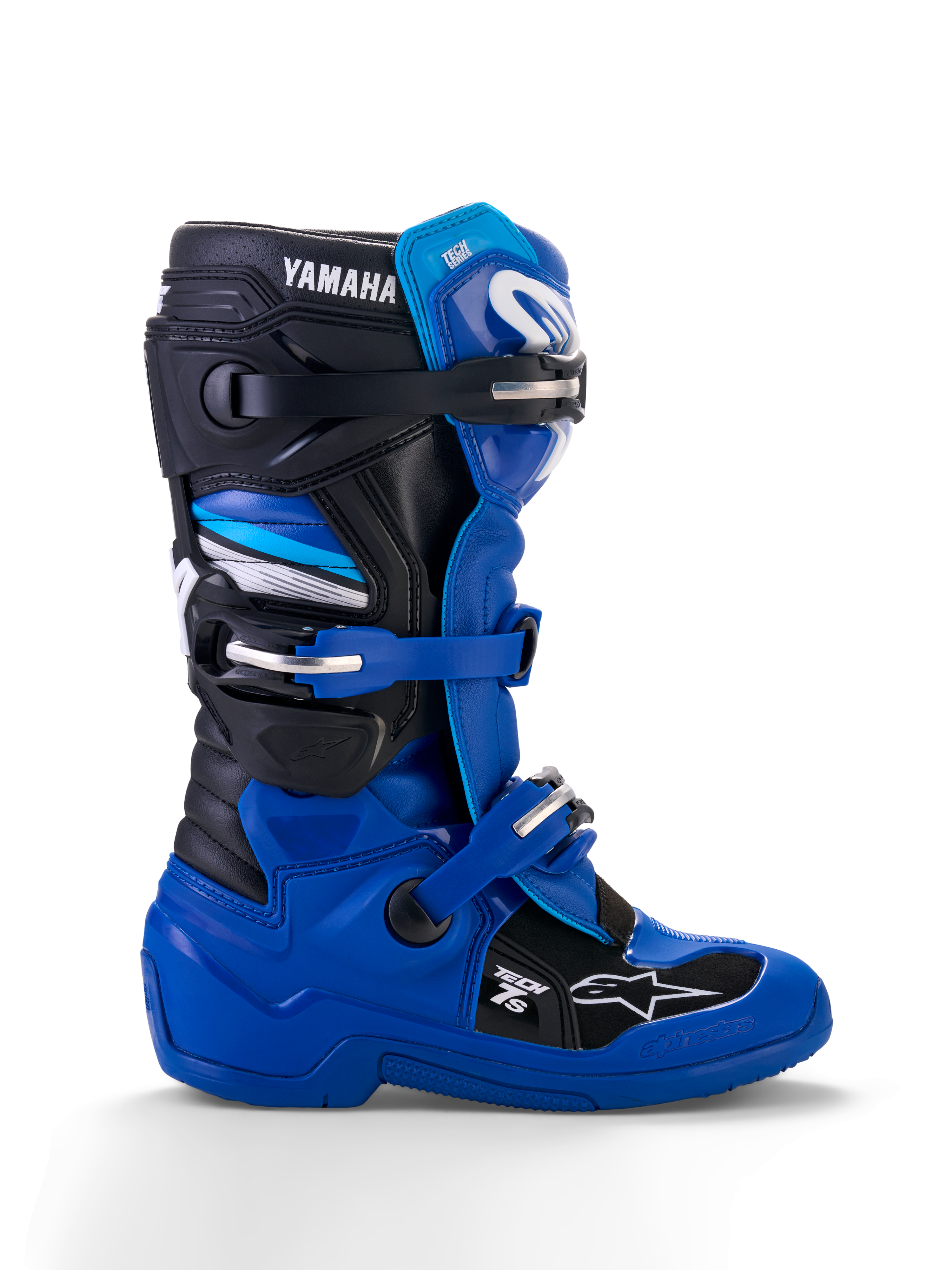 Młodzieżowe buty Alpinestars Yamaha Tech 7S, buty motocrossowe, niebieskie, czarne i białe, widok z profilu z regulowanymi klamrami, ochroną TPU, brandingiem Yamaha i wzmocnioną podeszwą do jazdy terenowej