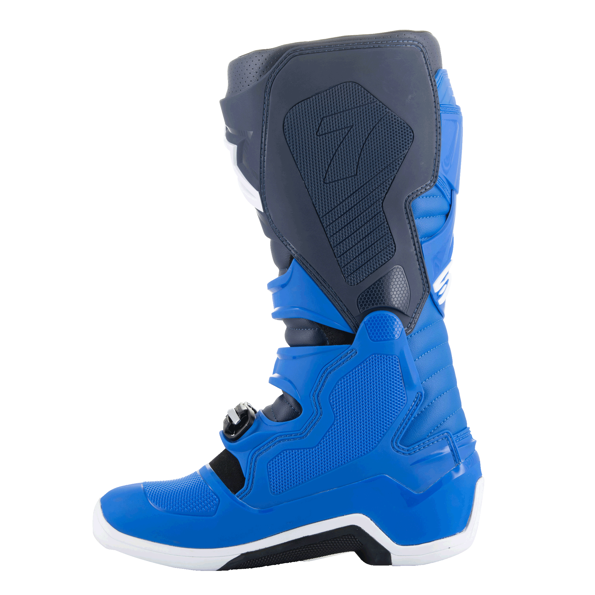 Buty Alpinestars Tech 7, buty motocrossowe, kolory Alpine Blue, Night Navy i Bright Red, widok od strony przyśrodkowej pokazujący ochronne panele TPU i wzmocnioną konstrukcję do wyścigów terenowych