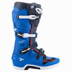 Alpinestars Tech 7 Boots, buty motocrossowe, niebieskie, granatowe i jaskrawoczerwone, wysoka konstrukcja z systemem czterech klamer, białe i czarne klamry, biała podeszwa z czarnym środkiem, czerwone detale i branding Alpinestars, profesjonalna ochrona do wyścigów off-road.