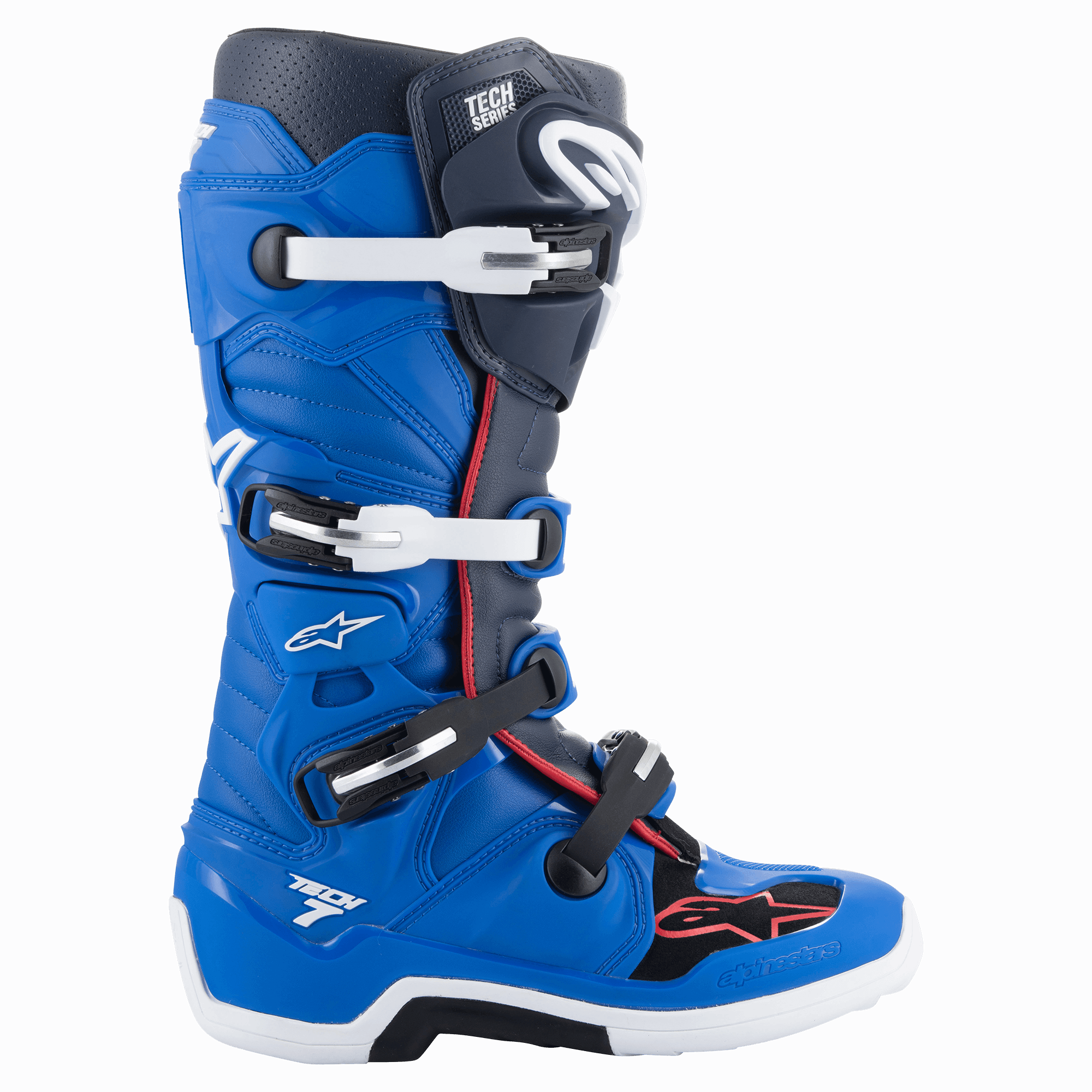 Alpinestars Tech 7 Boots, buty motocrossowe, niebieskie, granatowe i jaskrawoczerwone, wysoka konstrukcja z systemem czterech klamer, białe i czarne klamry, biała podeszwa z czarnym środkiem, czerwone detale i branding Alpinestars, profesjonalna ochrona do wyścigów off-road.