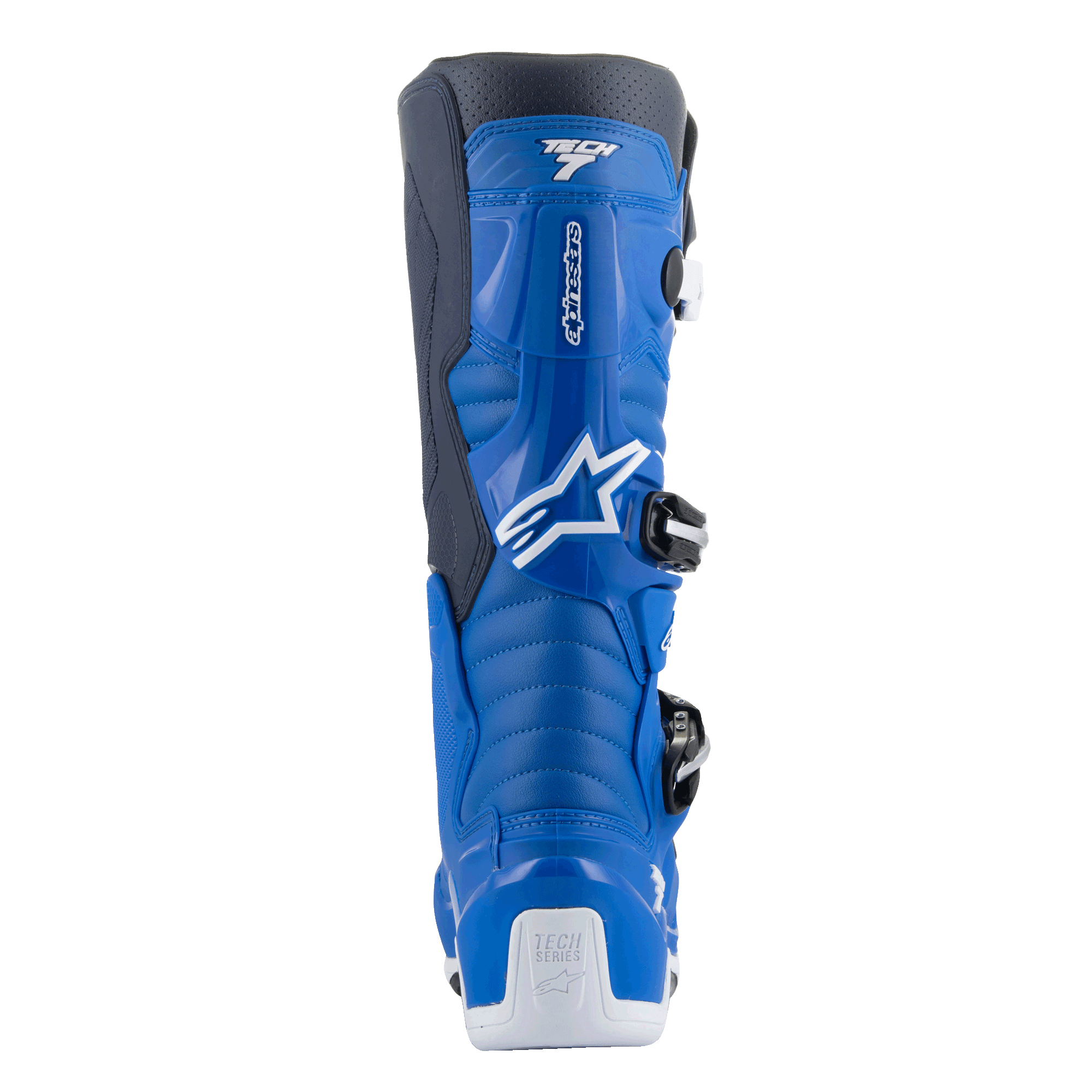 Buty Alpinestars Tech 7, buty motocrossowe, kolor Alpine Blue i Night Navy z białymi akcentami, widok z tyłu ukazujący wyprofilowany ochraniacz łydki, białe wzmocnienie pięty z logo Tech Series oraz detale bocznego systemu klamer.