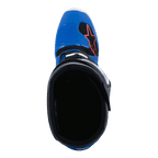 Buty Alpinestars Tech 7, buty motocrossowe, odcień Alpine Blue Night Navy i Bright Red, widok z góry na wnętrze buta, niebieski nosek z czerwonym logo gwiazdy i czarną wyściółką, profesjonalne obuwie off-road