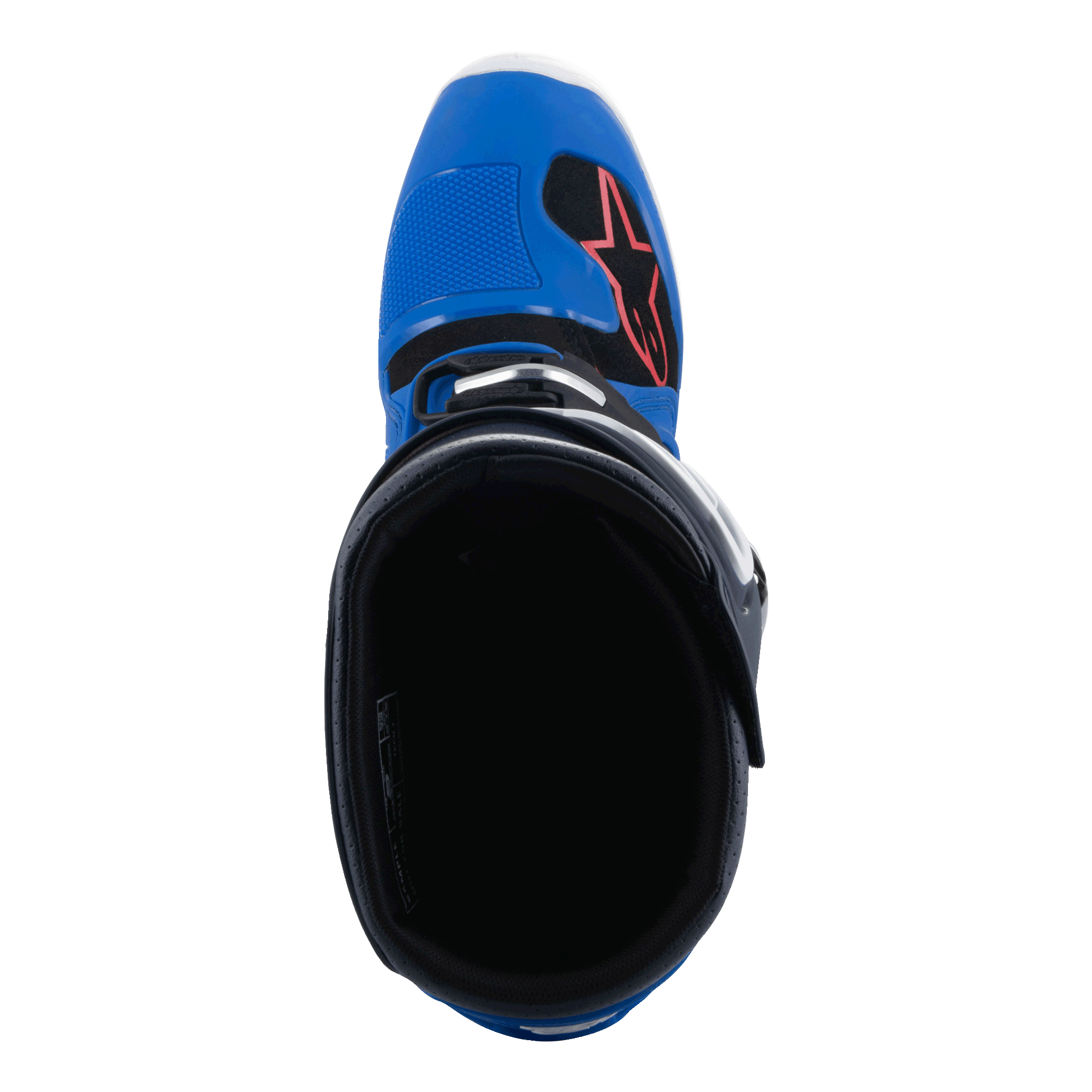 Buty Alpinestars Tech 7, buty motocrossowe, odcień Alpine Blue Night Navy i Bright Red, widok z góry na wnętrze buta, niebieski nosek z czerwonym logo gwiazdy i czarną wyściółką, profesjonalne obuwie off-road