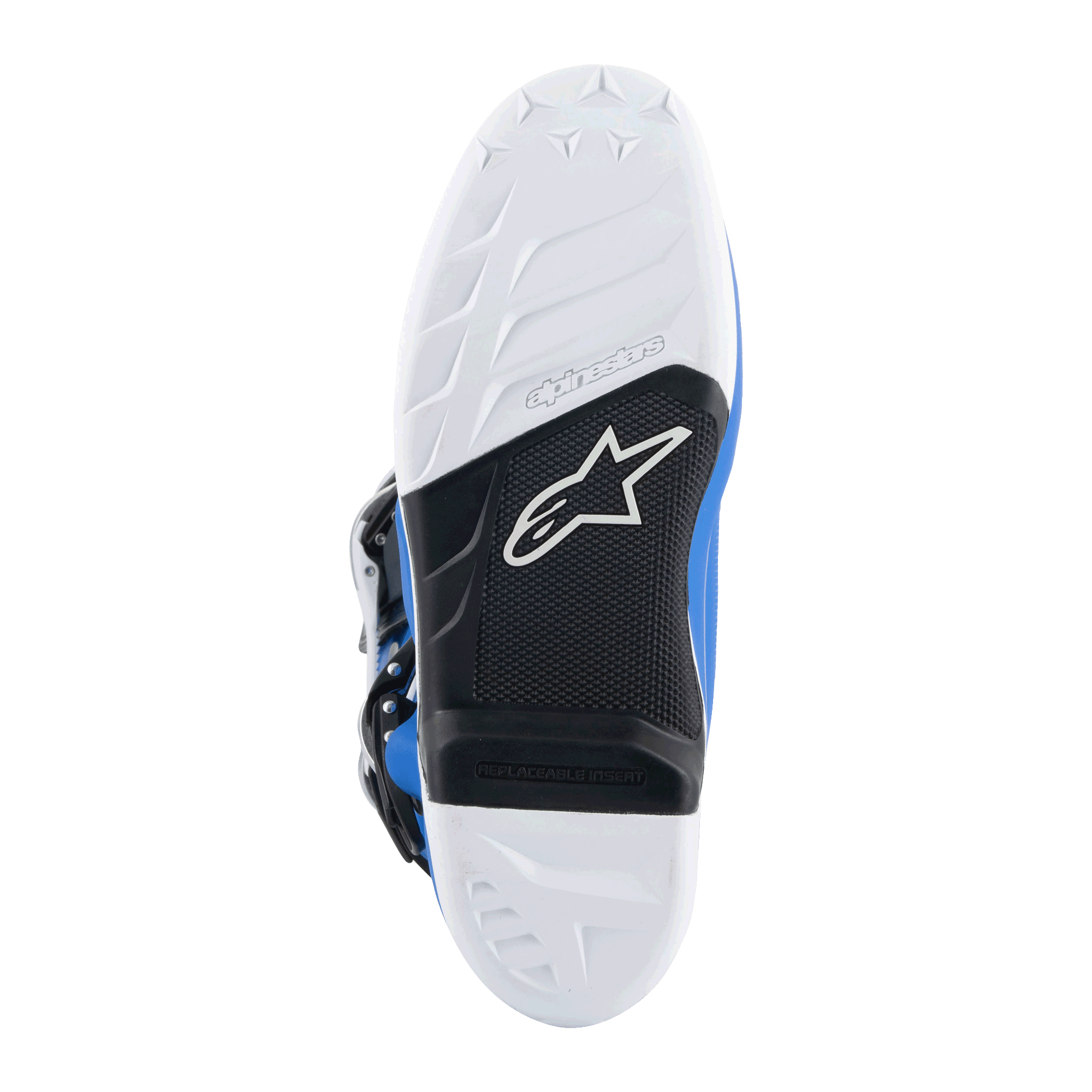 Buty Alpinestars Tech 7, buty motocrossowe, niebiesko-białe, widok podeszwy od spodu z białym wzorem bieżnika, czarny łuk z wymienną wkładką na podnóżek i logo Alpinestars, wytrzymała mieszanka do wyścigów off-road