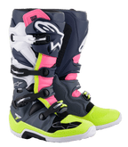 Buty Alpinestars Tech 7, buty motocrossowe, ciemnoszare, ciemnoniebieskie, różowe fluo i neonowożółte, system zapinania na wiele klamer, panele ochronne TPU, logo Alpinestars, do wyścigów terenowych