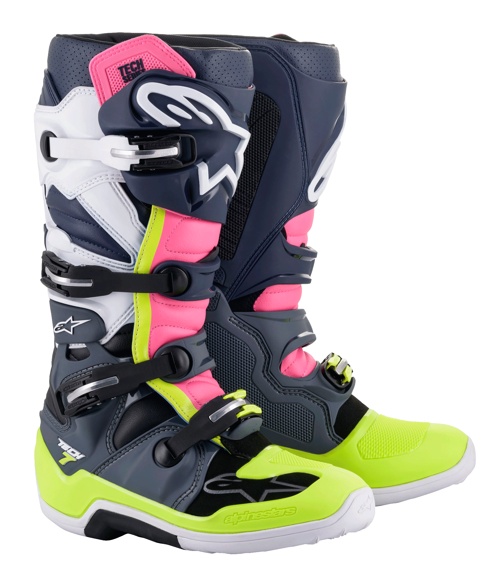 Buty Alpinestars Tech 7, buty motocrossowe, ciemnoszare, ciemnoniebieskie, różowe fluo i neonowożółte, system zapinania na wiele klamer, panele ochronne TPU, logo Alpinestars, do wyścigów terenowych