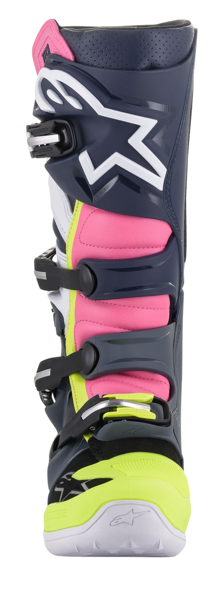 Buty Alpinestars Tech 7, buty motocrossowe, ciemnoszare, ciemnoniebieskie i różowe fluo, widok z tyłu pod kątem eksponujący system klamr i różowe panele harmonijkowe, zaawansowana konstrukcja ochronna do jazdy off-road