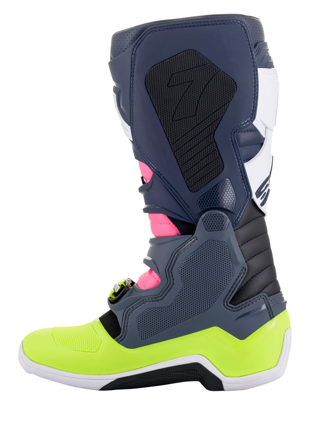 Buty Alpinestars Tech 7, buty motocrossowe, ciemnoszare, ciemnoniebieskie, różowe fluo i neonowe żółte, widok z boku, z innowacyjnym systemem zapięcia na klamry i biomechaniczną ochroną kostki, wysokowydajne obuwie off-road